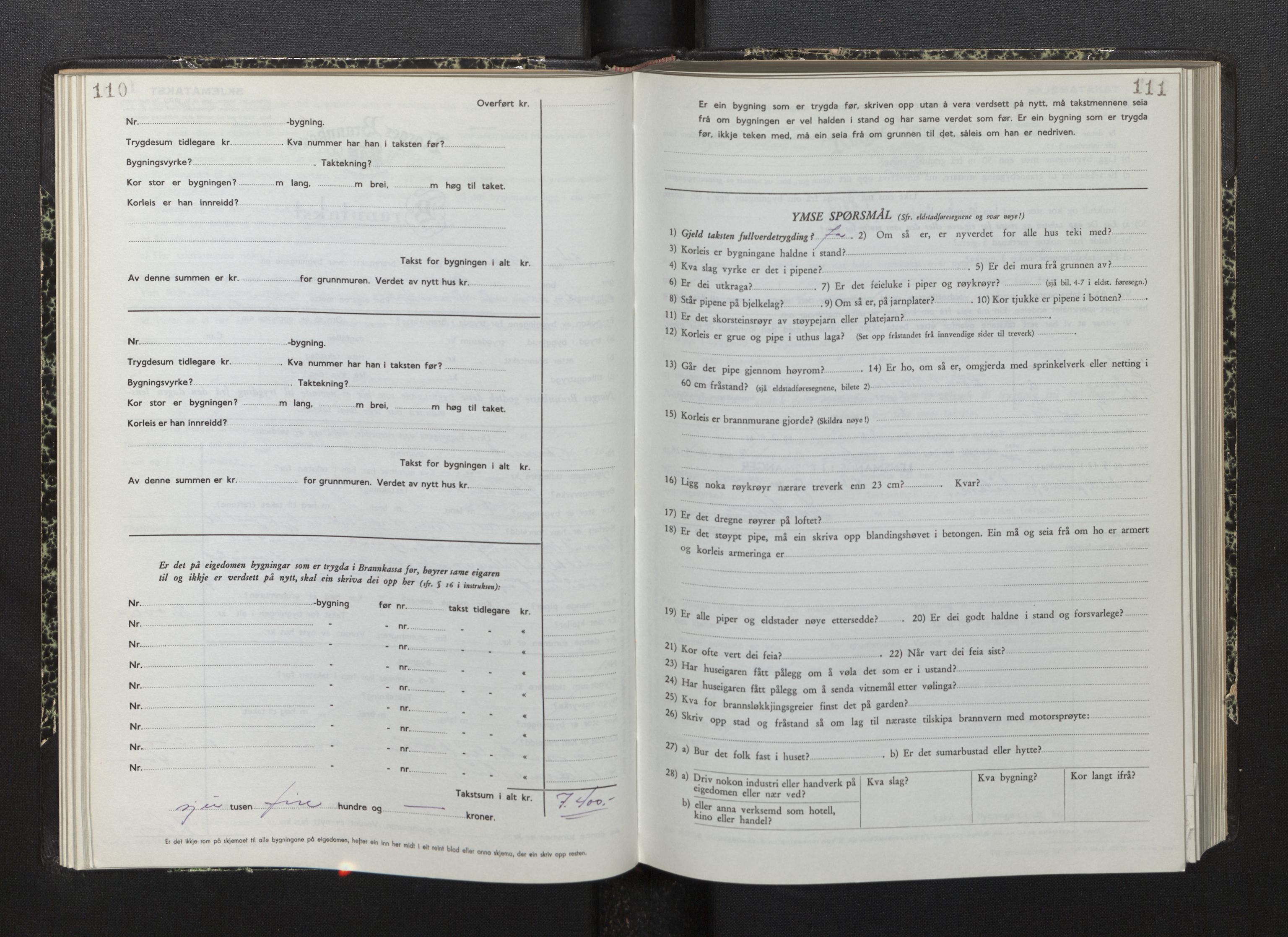 Lensmannen i Bremanger, AV/SAB-A-26701/0012/L0010: Branntakstprotokoll, skjematakst, 1950-1955, p. 110-111