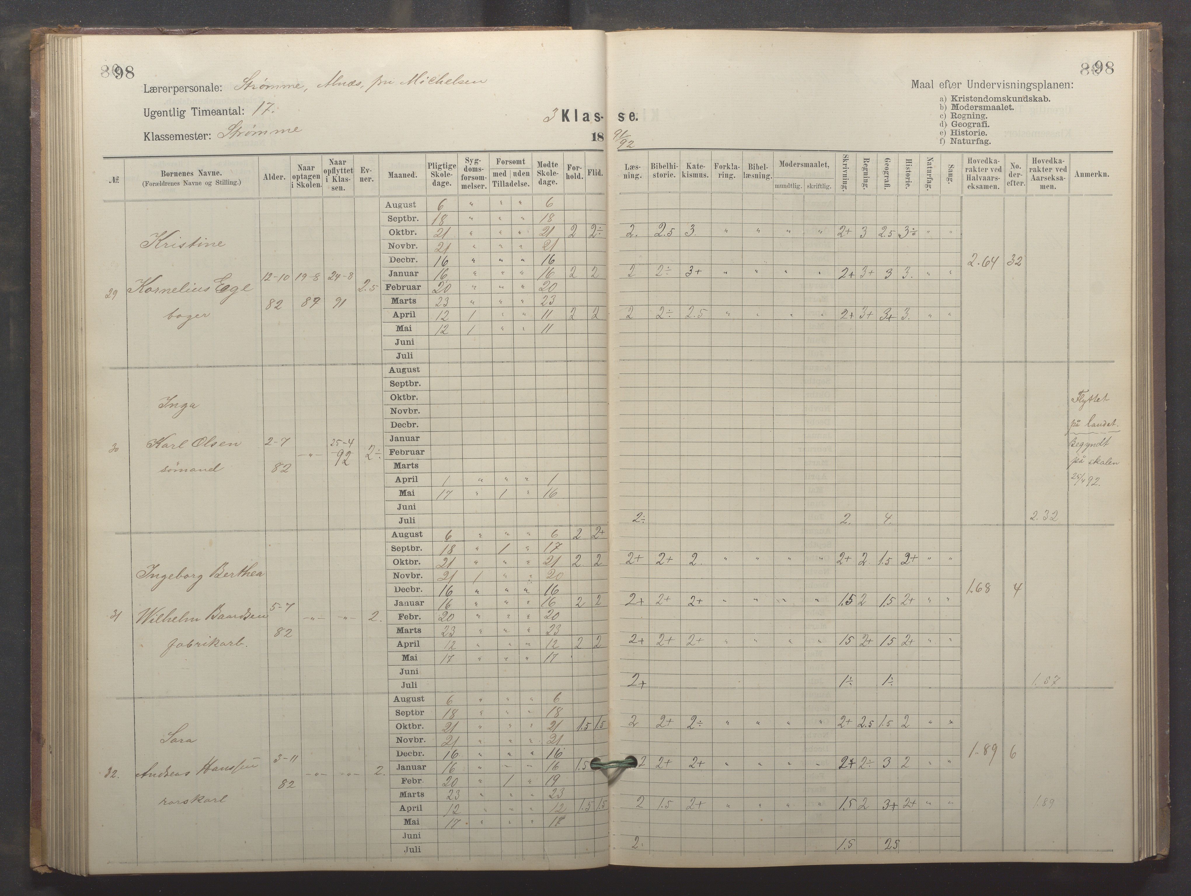 Egersund kommune (Ladested) - Egersund almueskole/folkeskole, IKAR/K-100521/H/L0024: Skoleprotokoll - Almueskolen, 3. klasse, 1887-1892, p. 98