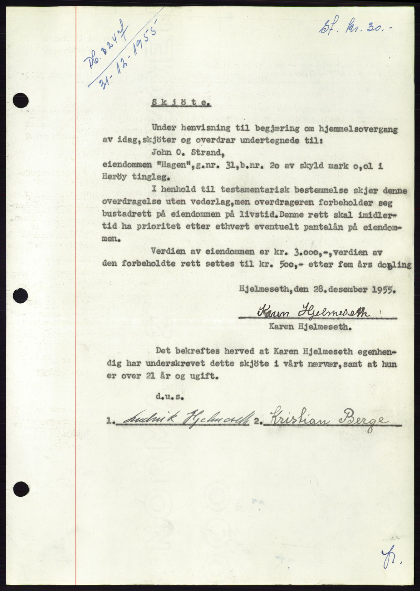 Søre Sunnmøre sorenskriveri, AV/SAT-A-4122/1/2/2C/L0102: Mortgage book no. 28A, 1955-1956, Diary no: : 3247/1955