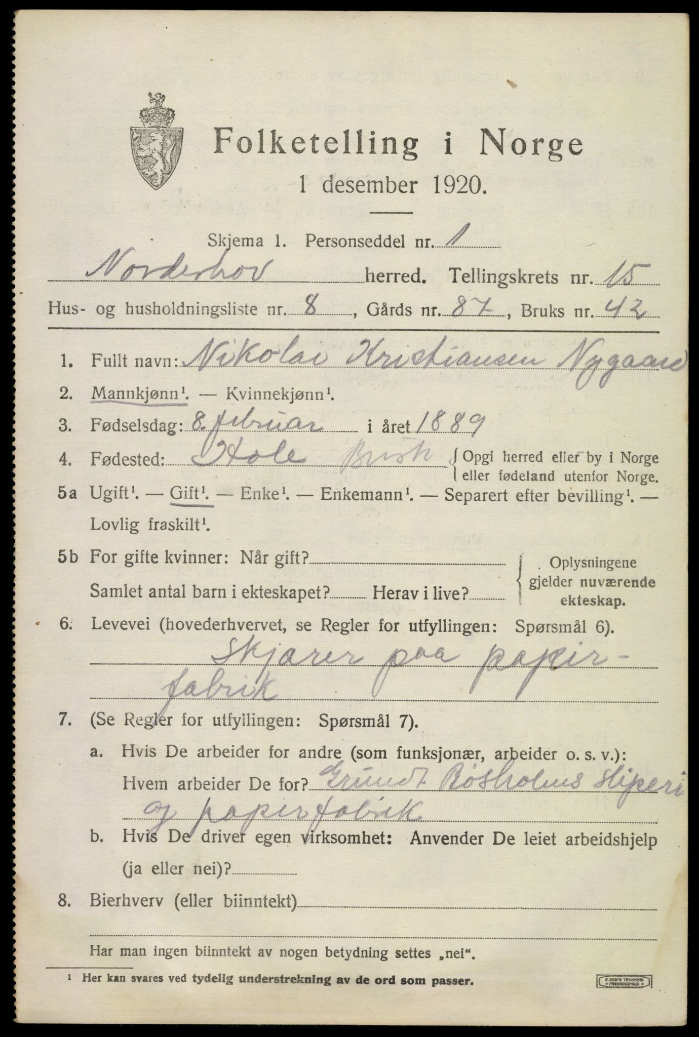 SAKO, 1920 census for Norderhov, 1920, p. 16270