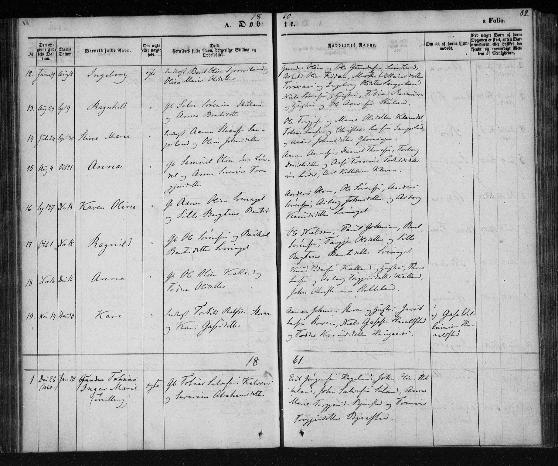 Holum sokneprestkontor, AV/SAK-1111-0022/F/Fa/Fab/L0005: Parish register (official) no. A 5, 1847-1874, p. 82