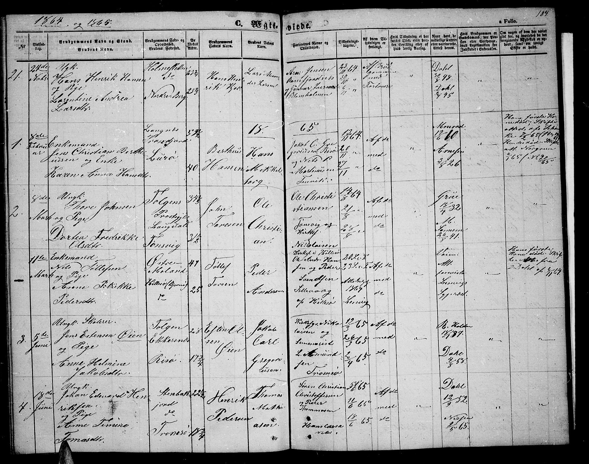 Tromsøysund sokneprestkontor, SATØ/S-1304/G/Gb/L0001klokker: Parish register (copy) no. 1, 1857-1869, p. 184