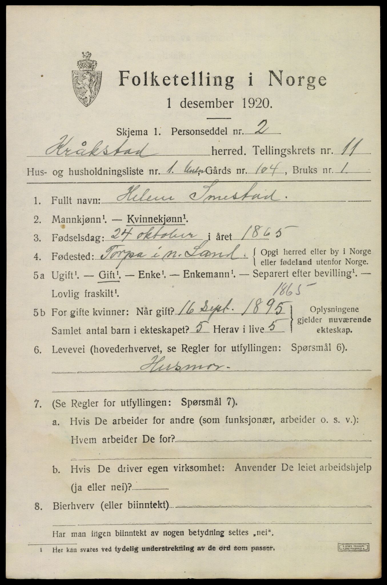 SAO, 1920 census for Kråkstad, 1920, p. 11221