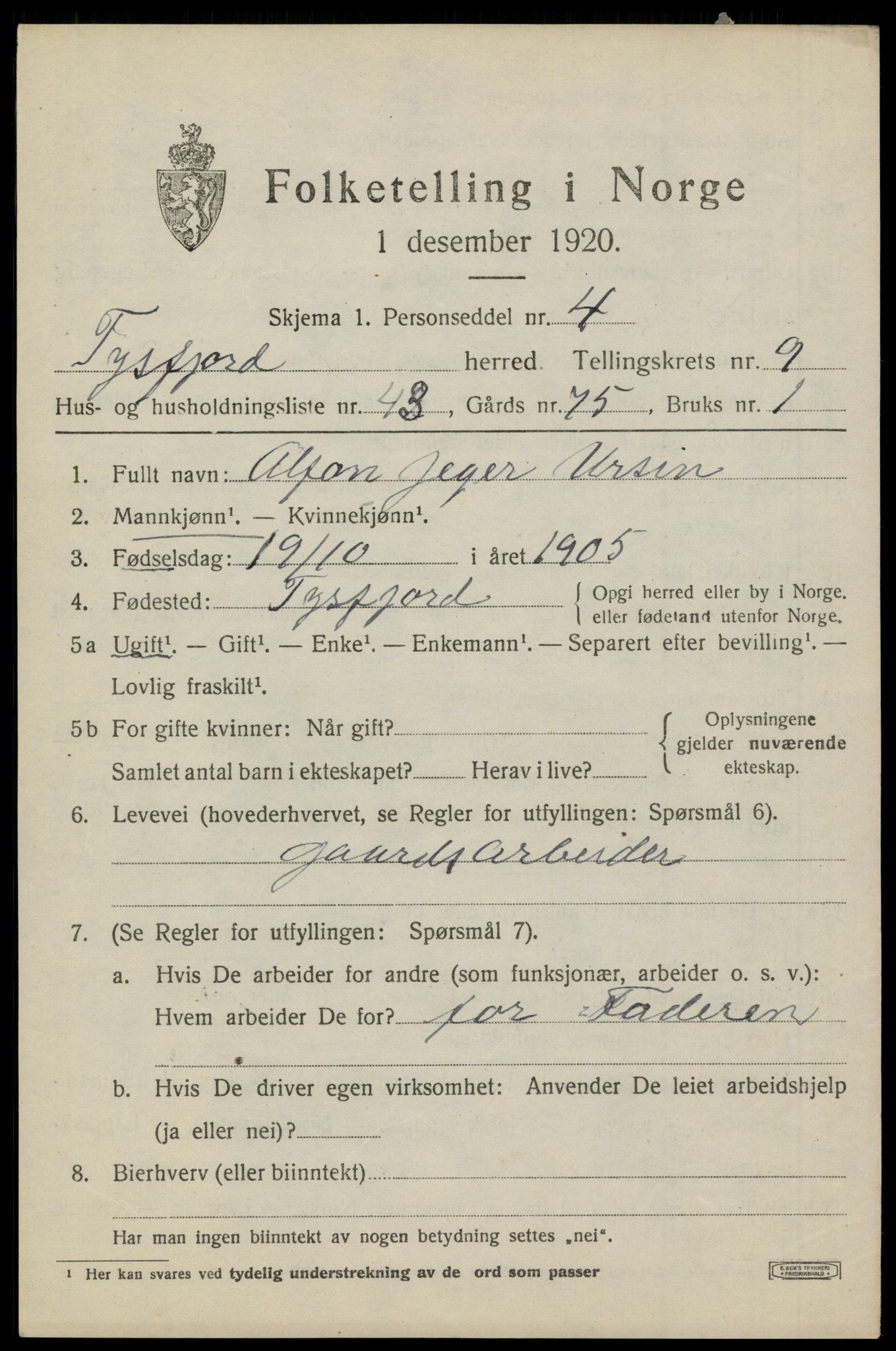 SAT, 1920 census for Tysfjord, 1920, p. 6767