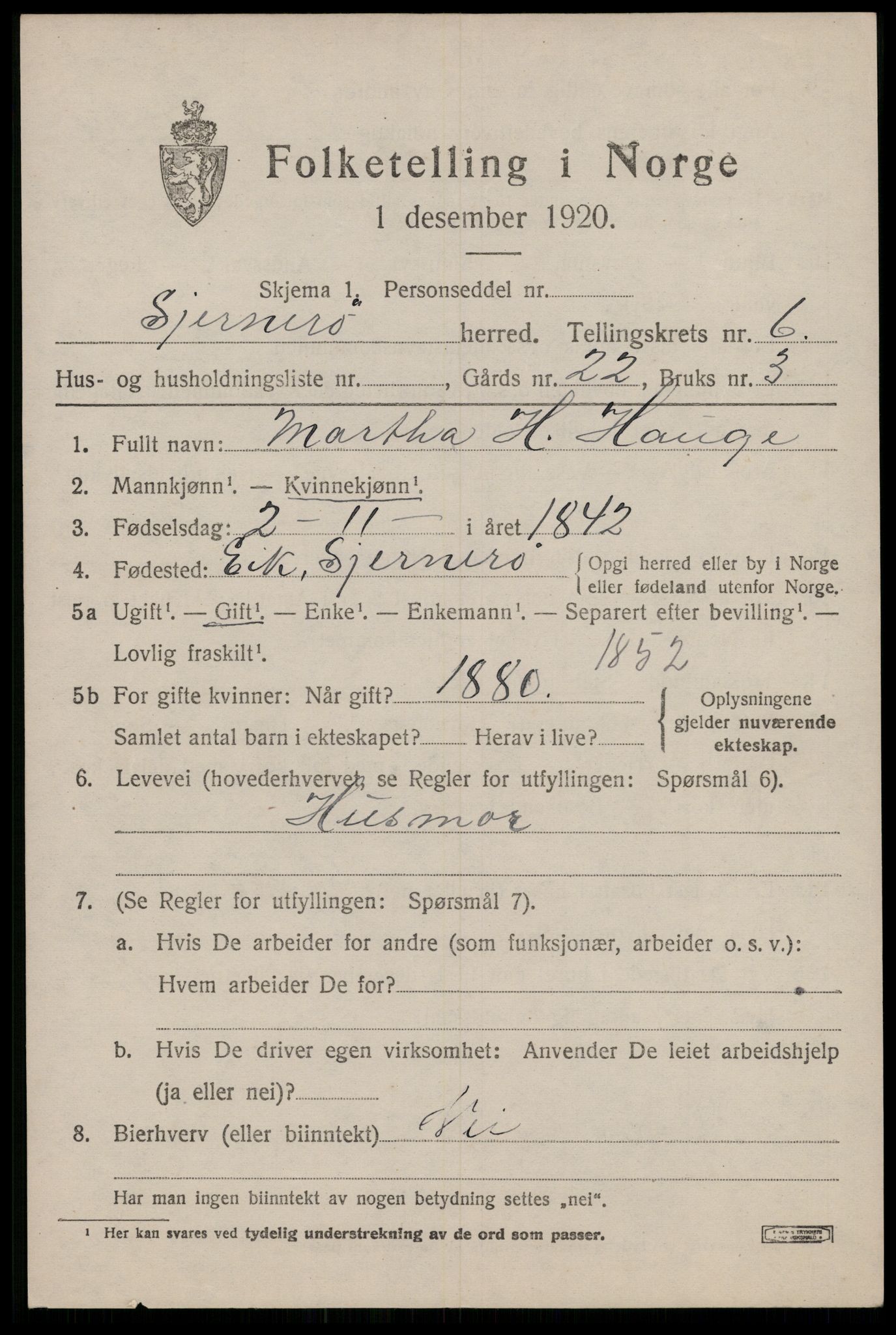 SAST, 1920 census for Sjernarøy, 1920, p. 1546