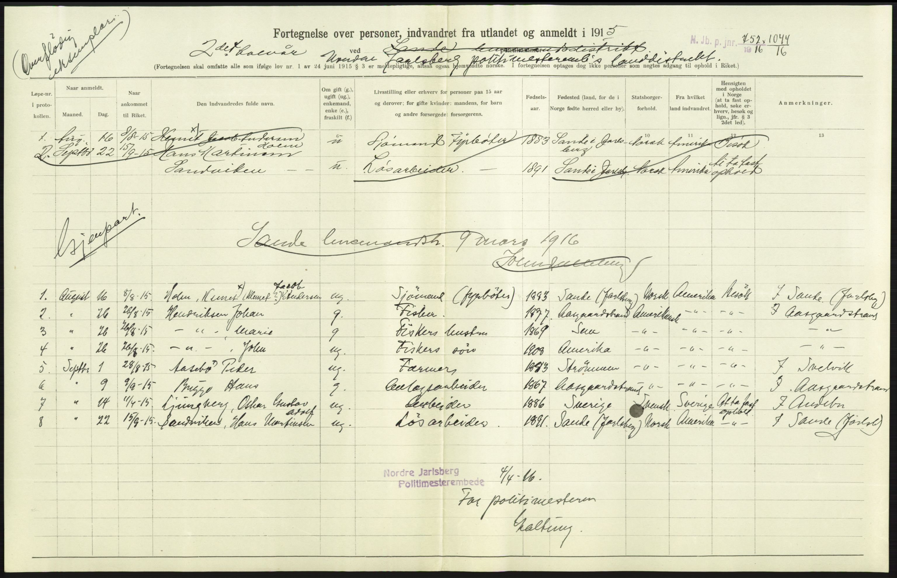 Nord-Jarlsberg politikammer, AV/SAKO-A-739/I/Ia/Iab/L0001: Emigrantprotokoll, 1912-1918, p. 193