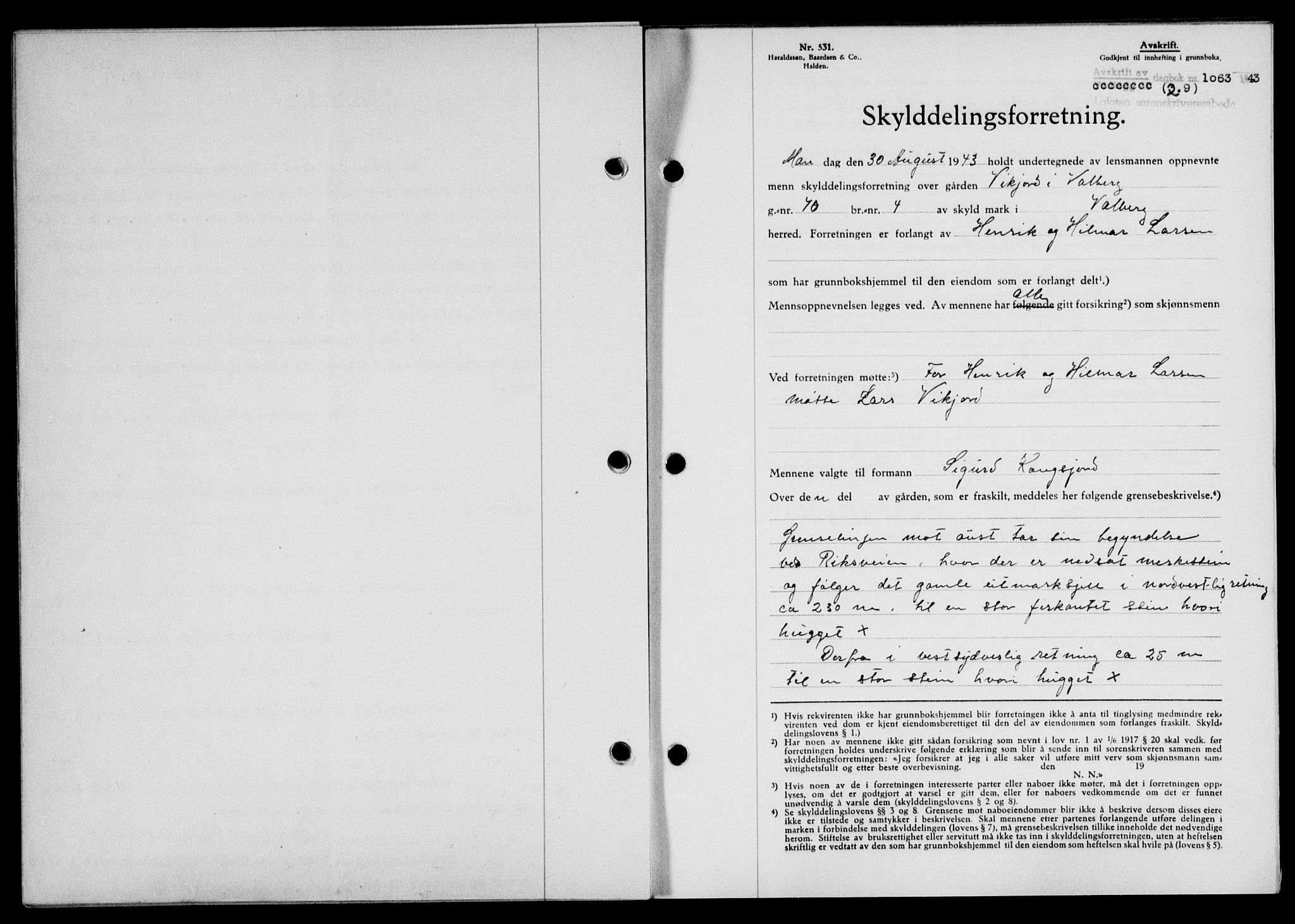 Lofoten sorenskriveri, AV/SAT-A-0017/1/2/2C/L0011a: Mortgage book no. 11a, 1943-1943, Diary no: : 1063/1943