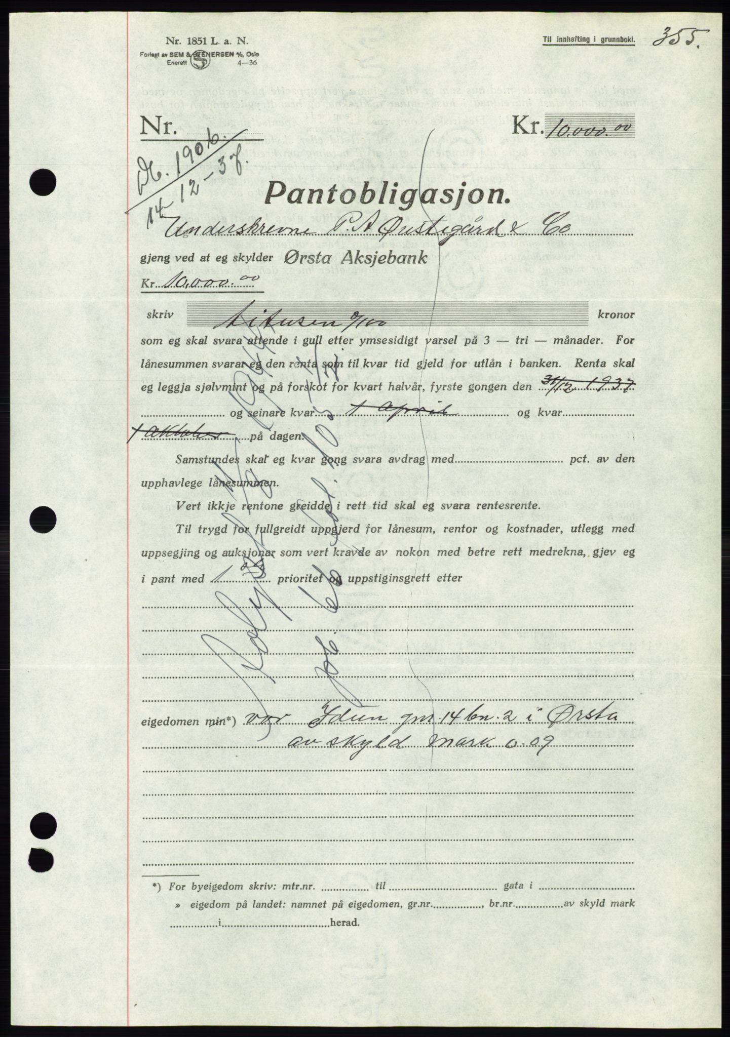 Søre Sunnmøre sorenskriveri, AV/SAT-A-4122/1/2/2C/L0064: Mortgage book no. 58, 1937-1938, Diary no: : 1906/1937