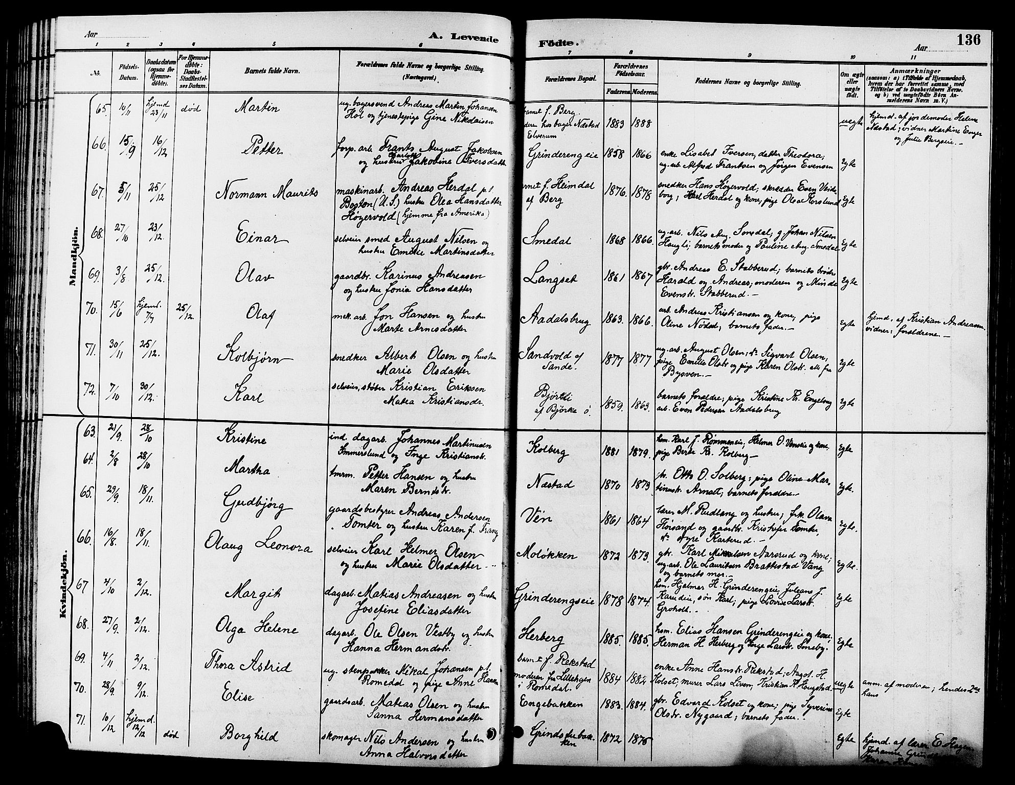Løten prestekontor, SAH/PREST-022/L/La/L0006: Parish register (copy) no. 6, 1892-1909, p. 136