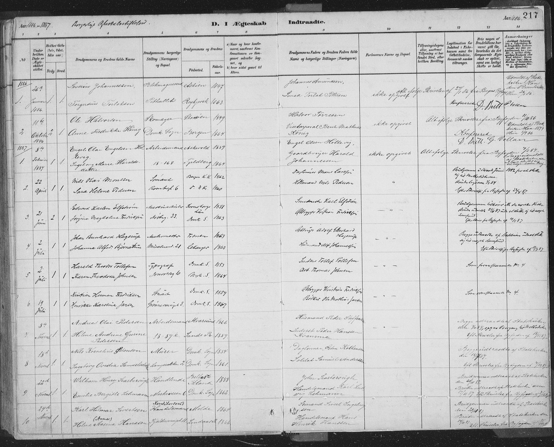 Domkirken sokneprestembete, SAB/A-74801/H/Hab/L0032: Parish register (copy) no. D 4, 1880-1907, p. 217