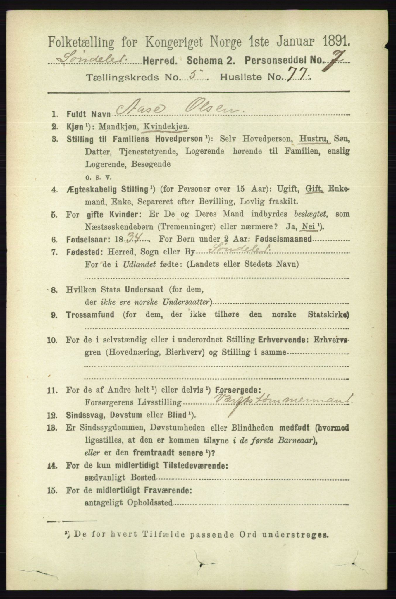 RA, 1891 census for 0913 Søndeled, 1891, p. 1737