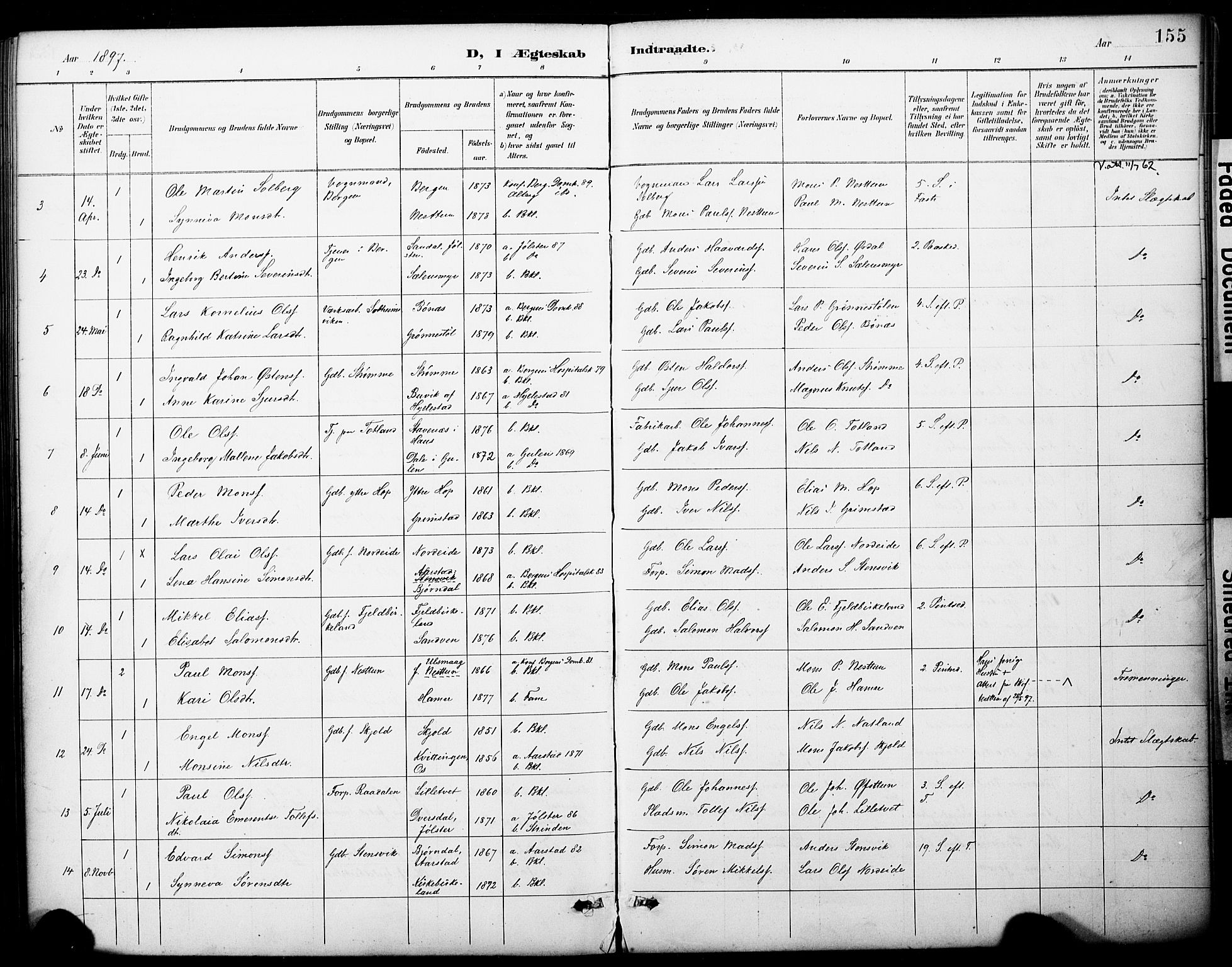 Fana Sokneprestembete, SAB/A-75101/H/Haa/Haai/L0002: Parish register (official) no. I 2, 1888-1899, p. 155