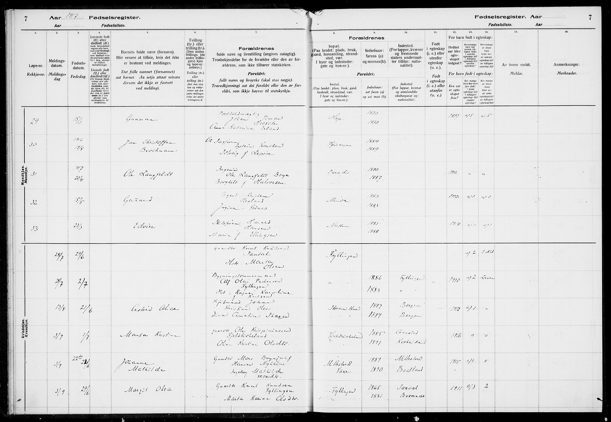 Birkeland Sokneprestembete, AV/SAB-A-74601/I/Id/L00A1: Birth register no. A 1, 1916-1926, p. 7