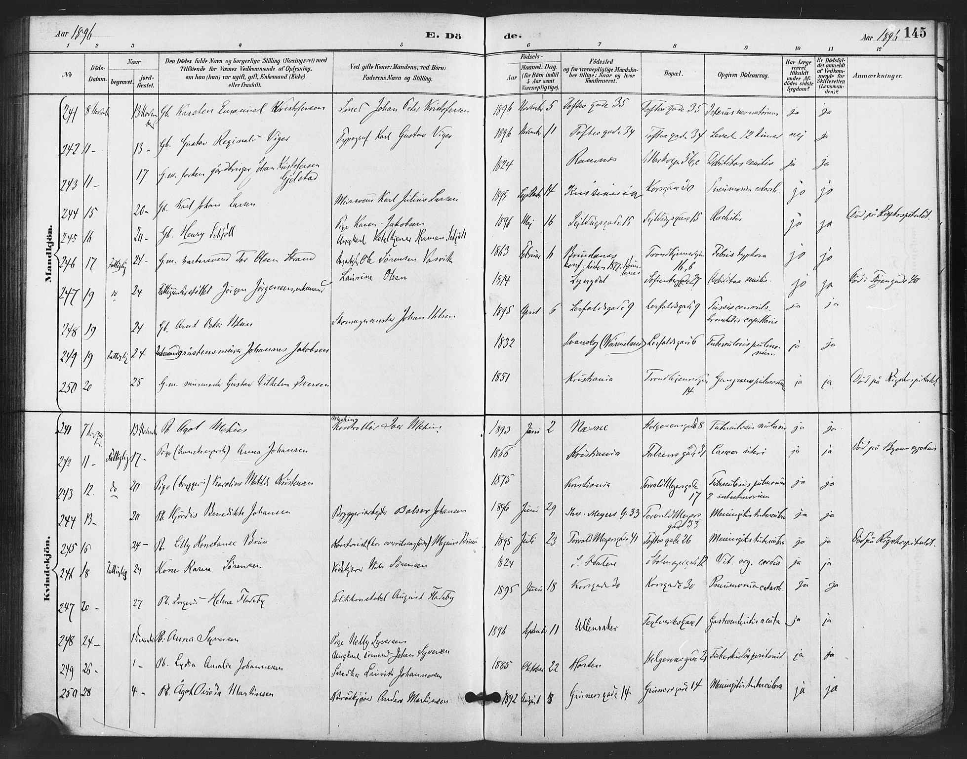 Paulus prestekontor Kirkebøker, AV/SAO-A-10871/F/Fa/L0011: Parish register (official) no. 11, 1889-1897, p. 145