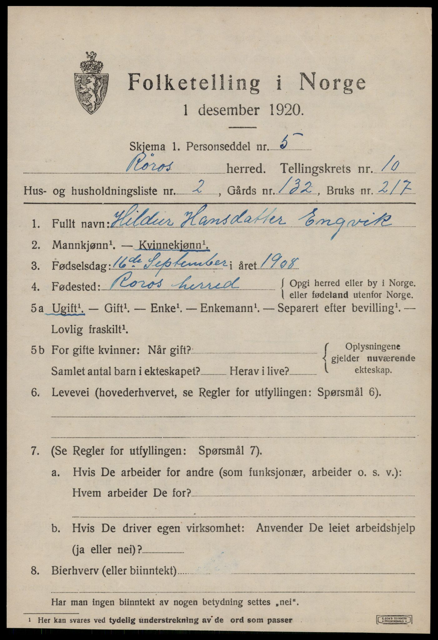 SAT, 1920 census for Røros, 1920, p. 8190