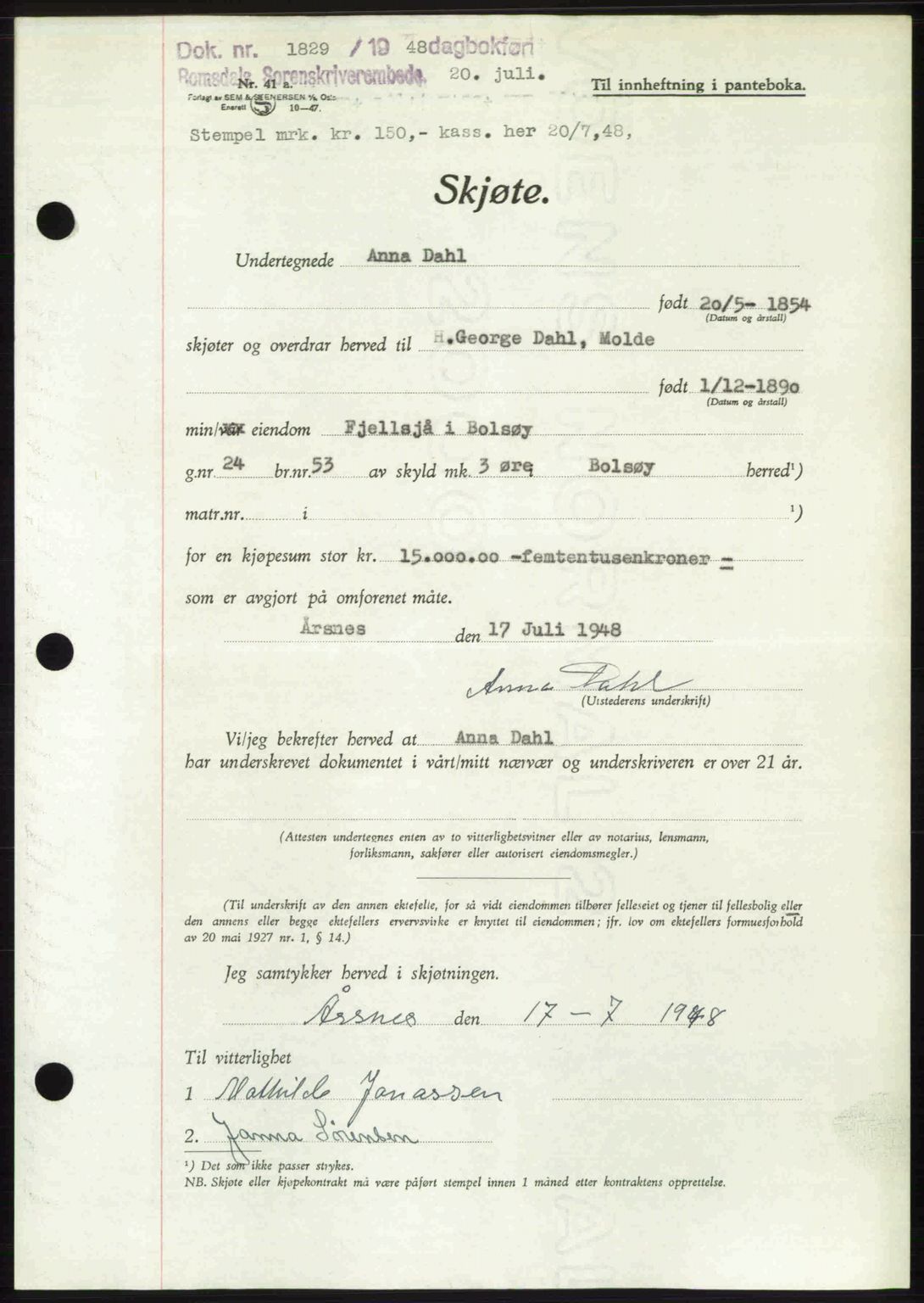 Romsdal sorenskriveri, AV/SAT-A-4149/1/2/2C: Mortgage book no. A26, 1948-1948, Diary no: : 1829/1948