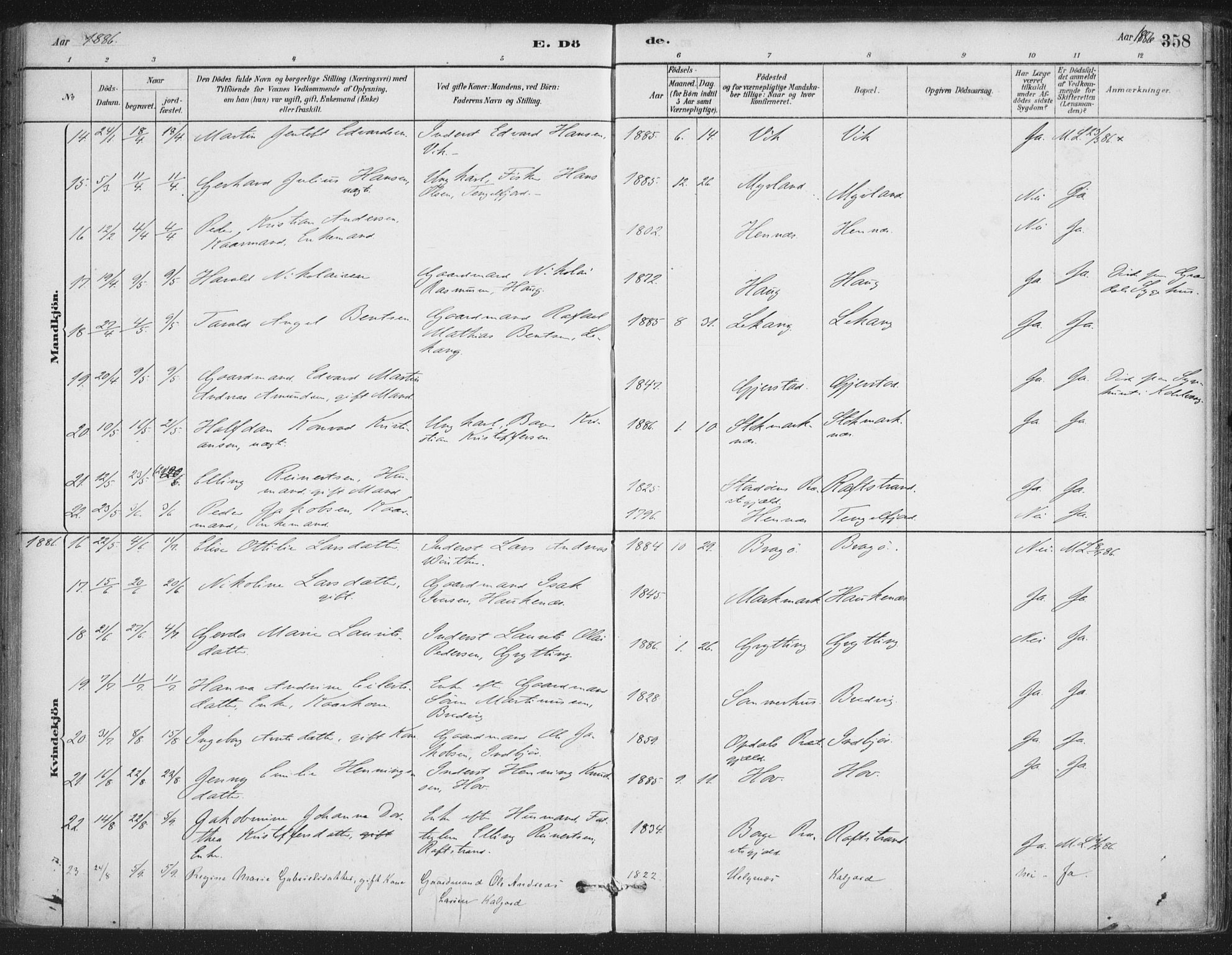 Ministerialprotokoller, klokkerbøker og fødselsregistre - Nordland, AV/SAT-A-1459/888/L1244: Parish register (official) no. 888A10, 1880-1890, p. 358