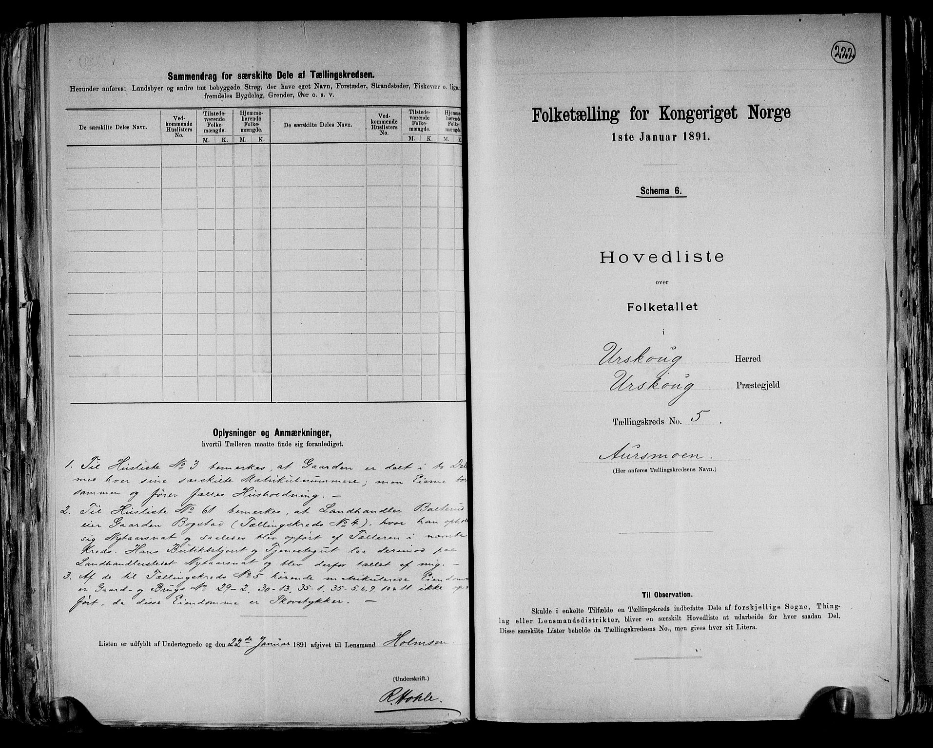 RA, 1891 census for 0224 Aurskog, 1891, p. 19