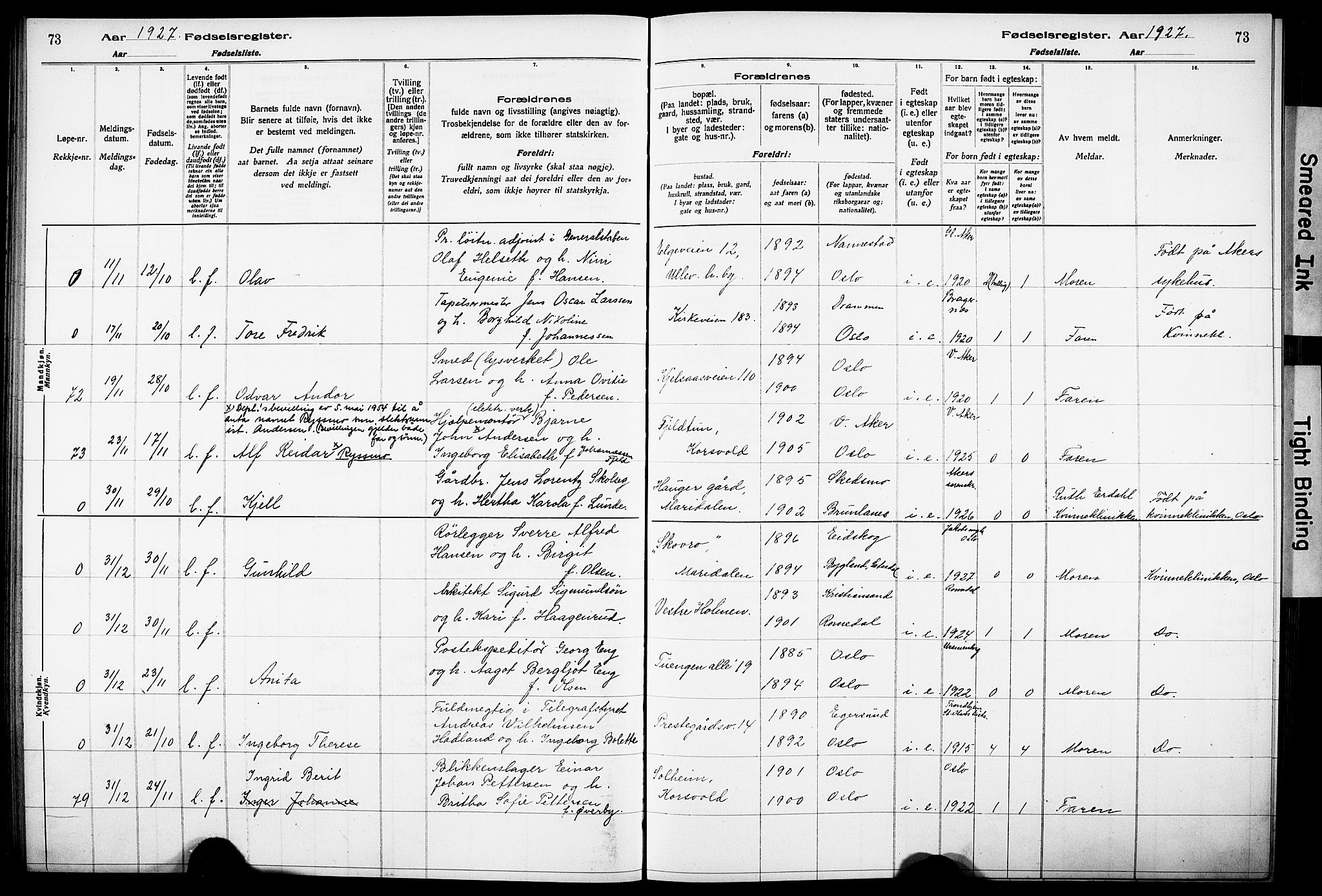 Vestre Aker prestekontor Kirkebøker, AV/SAO-A-10025/J/Ja/L0003: Birth register no. 3, 1926-1930, p. 73