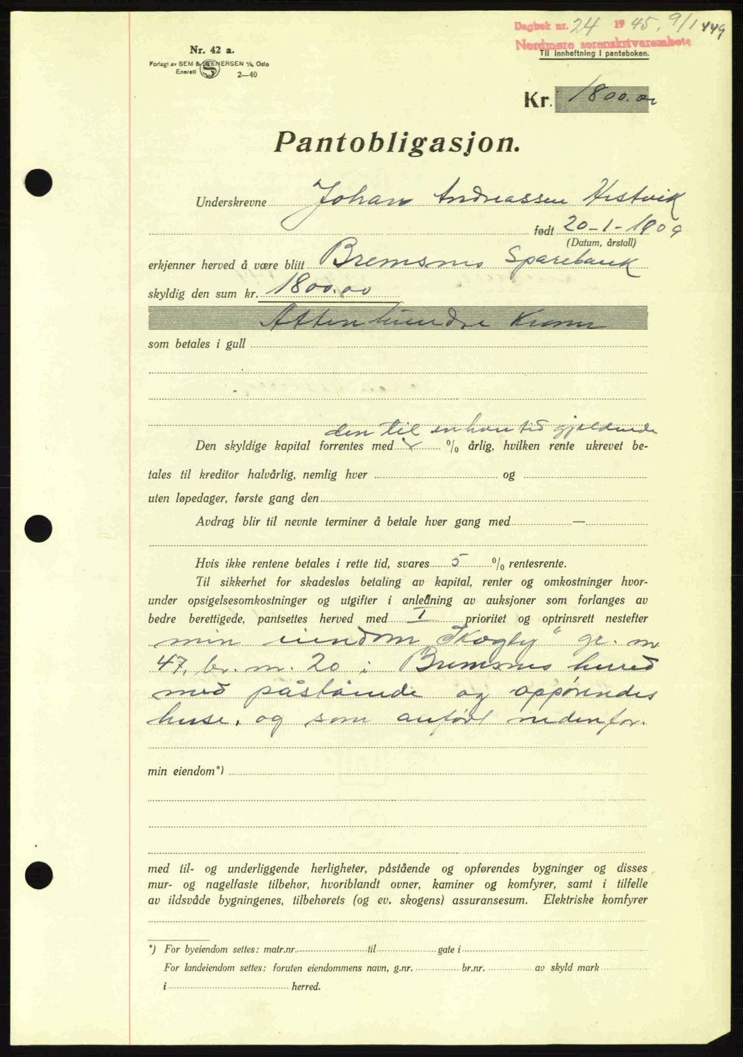 Nordmøre sorenskriveri, AV/SAT-A-4132/1/2/2Ca: Mortgage book no. B92, 1944-1945, Diary no: : 24/1945