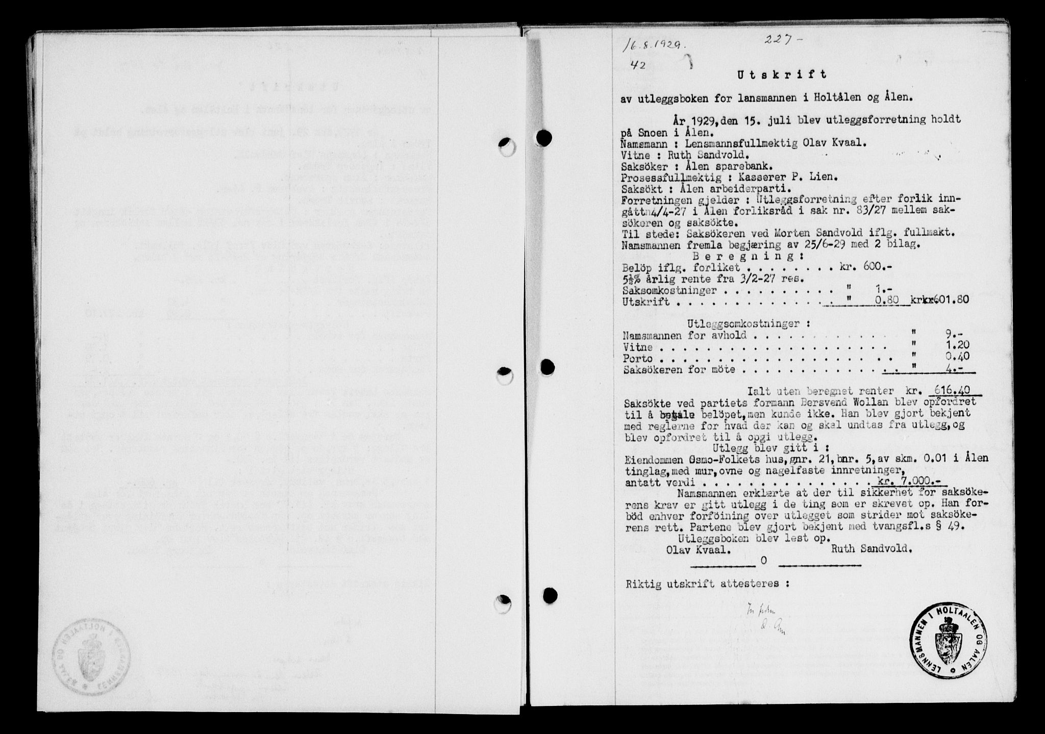Gauldal sorenskriveri, AV/SAT-A-0014/1/2/2C/L0038: Mortgage book no. 39, 1929-1930, Deed date: 16.08.1929