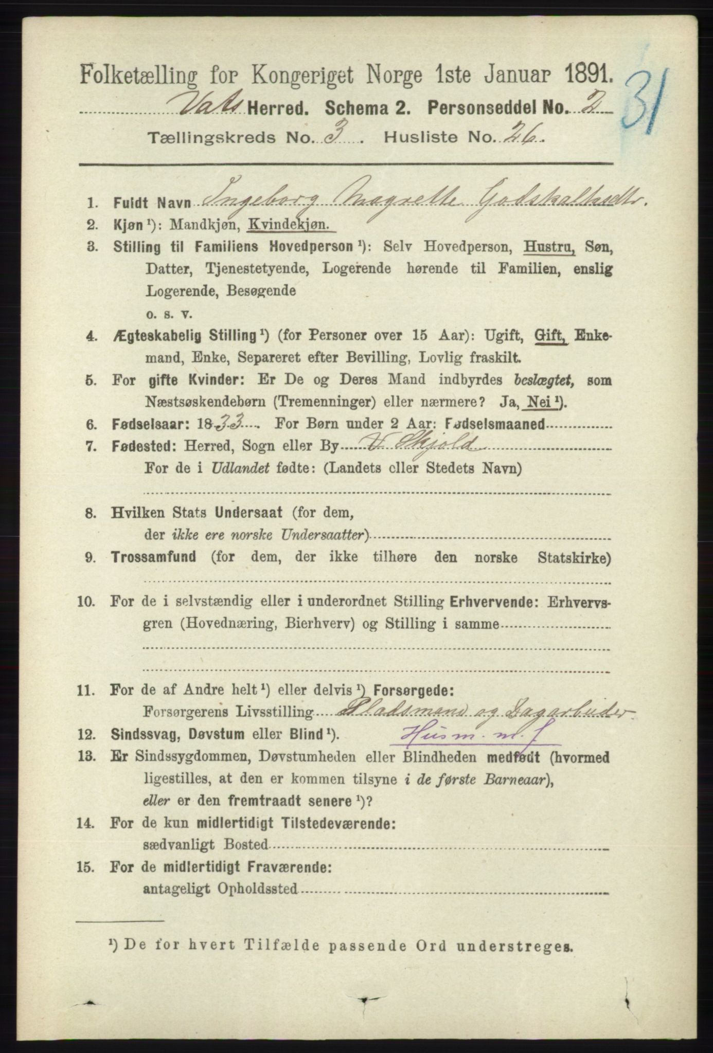 RA, 1891 census for 1155 Vats, 1891, p. 583