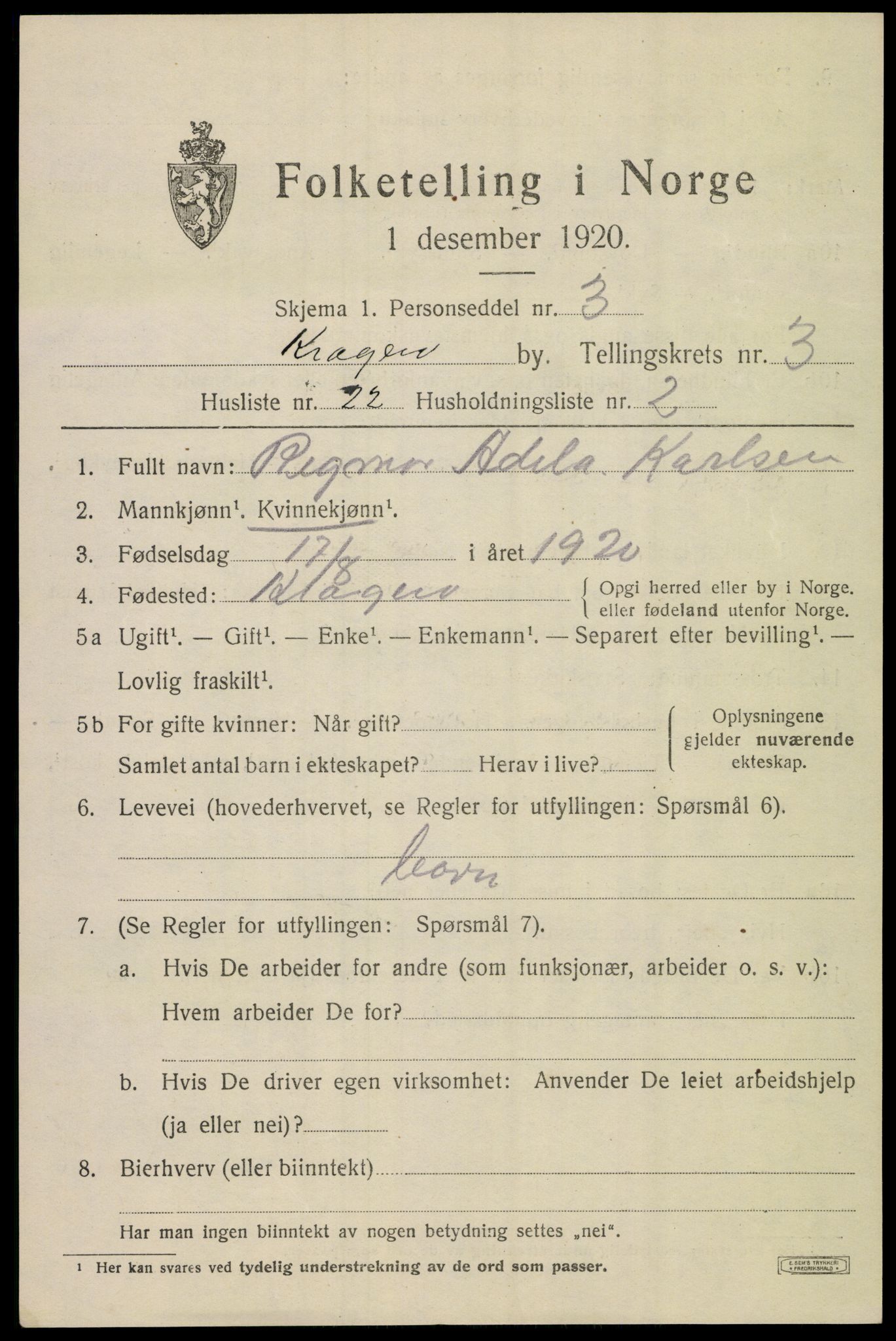 SAKO, 1920 census for Kragerø, 1920, p. 7313