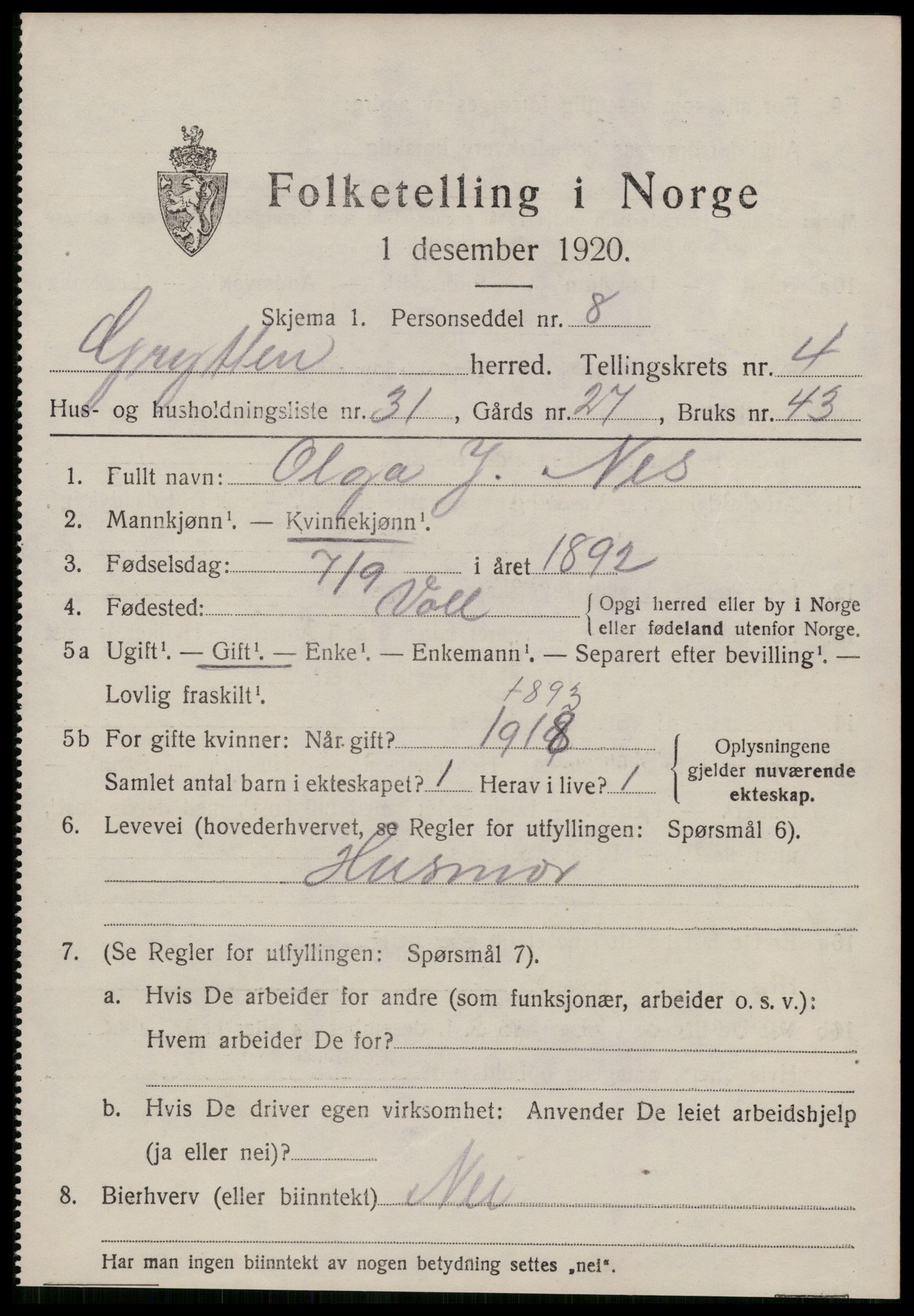 SAT, 1920 census for Grytten, 1920, p. 3162