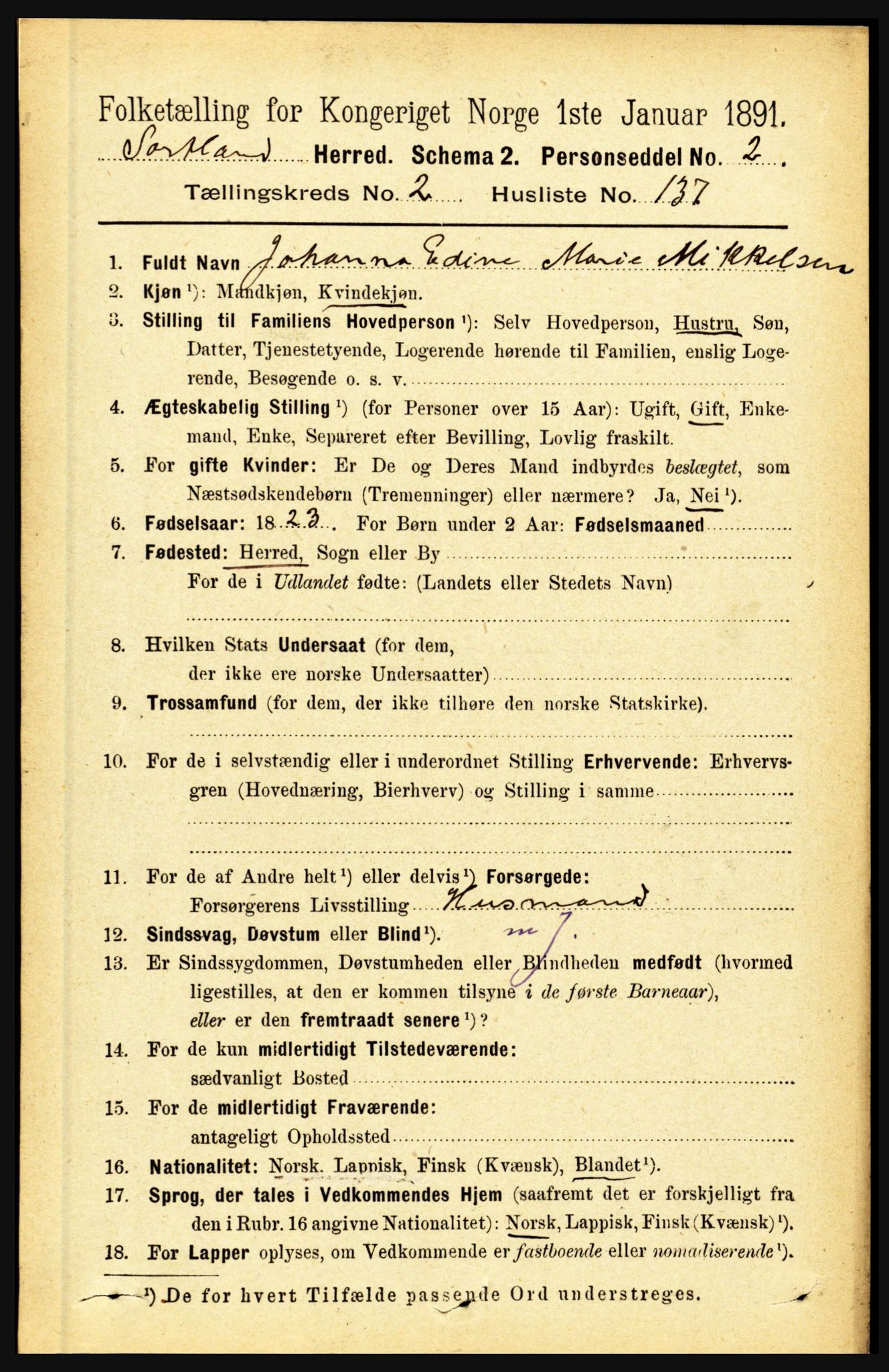 RA, 1891 census for 1870 Sortland, 1891, p. 2034