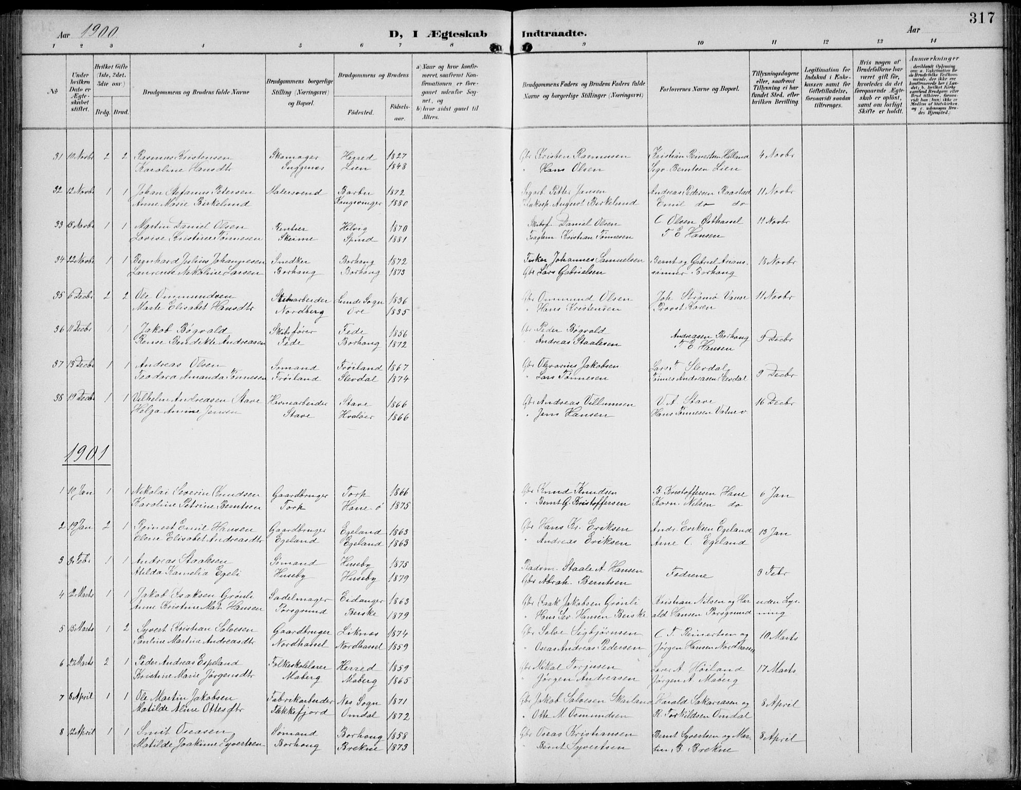 Lista sokneprestkontor, SAK/1111-0027/F/Fb/L0005: Parish register (copy) no. B 5, 1892-1923, p. 317
