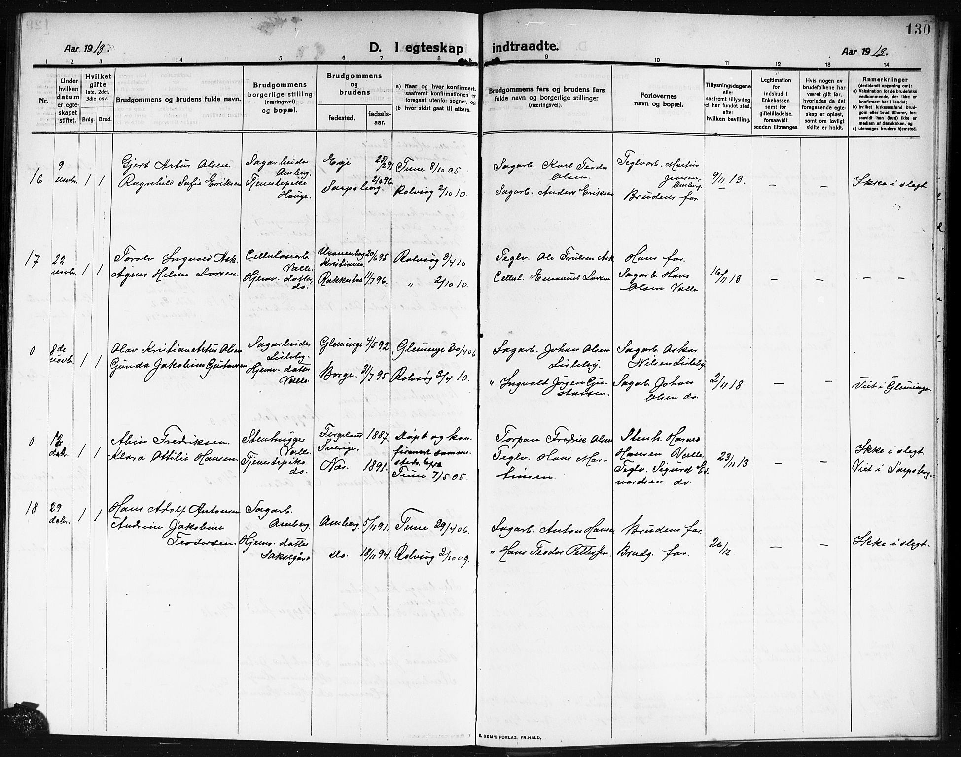 Rolvsøy prestekontor Kirkebøker, AV/SAO-A-2004/G/Ga/L0001: Parish register (copy) no. 1, 1911-1920, p. 130