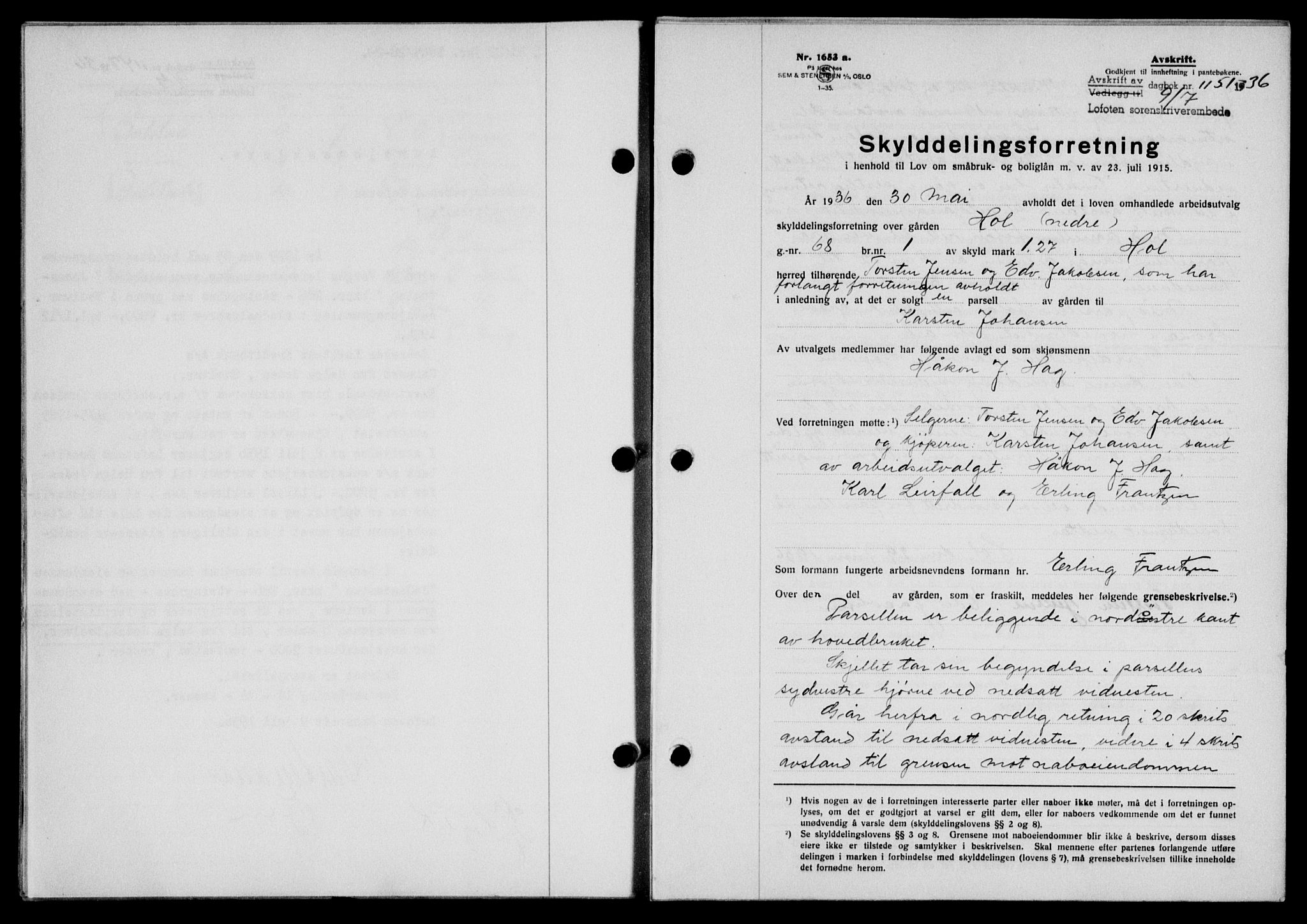 Lofoten sorenskriveri, SAT/A-0017/1/2/2C/L0001a: Mortgage book no. 1a, 1936-1937, Diary no: : 1151/1936