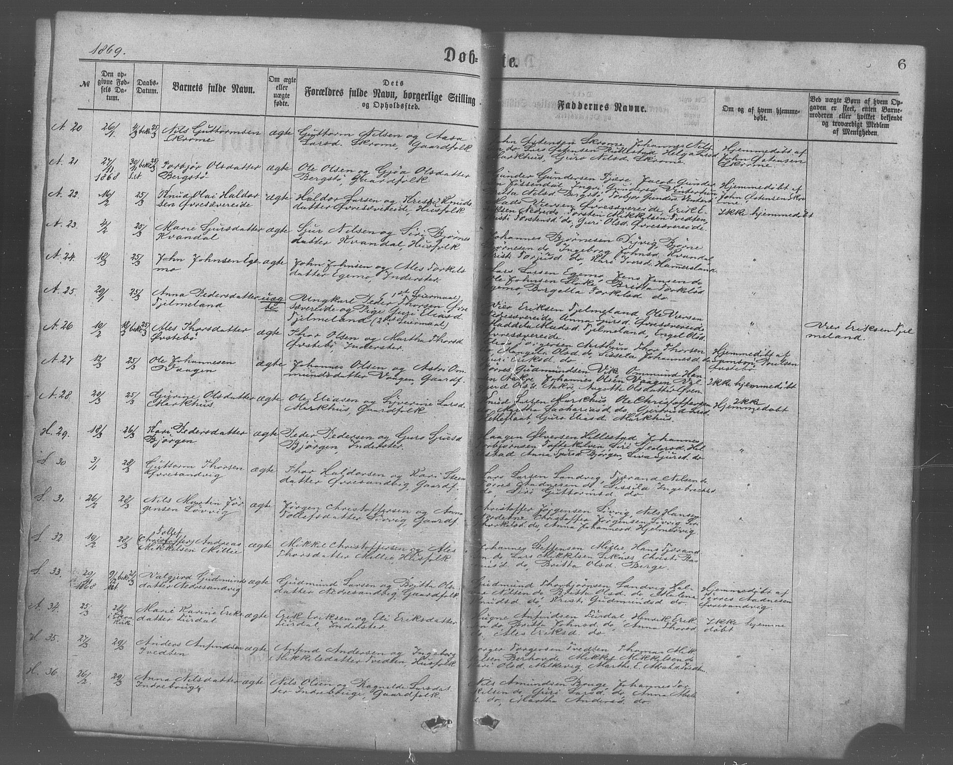 Skånevik sokneprestembete, AV/SAB-A-77801/H/Haa: Parish register (official) no. A 6, 1869-1878, p. 6