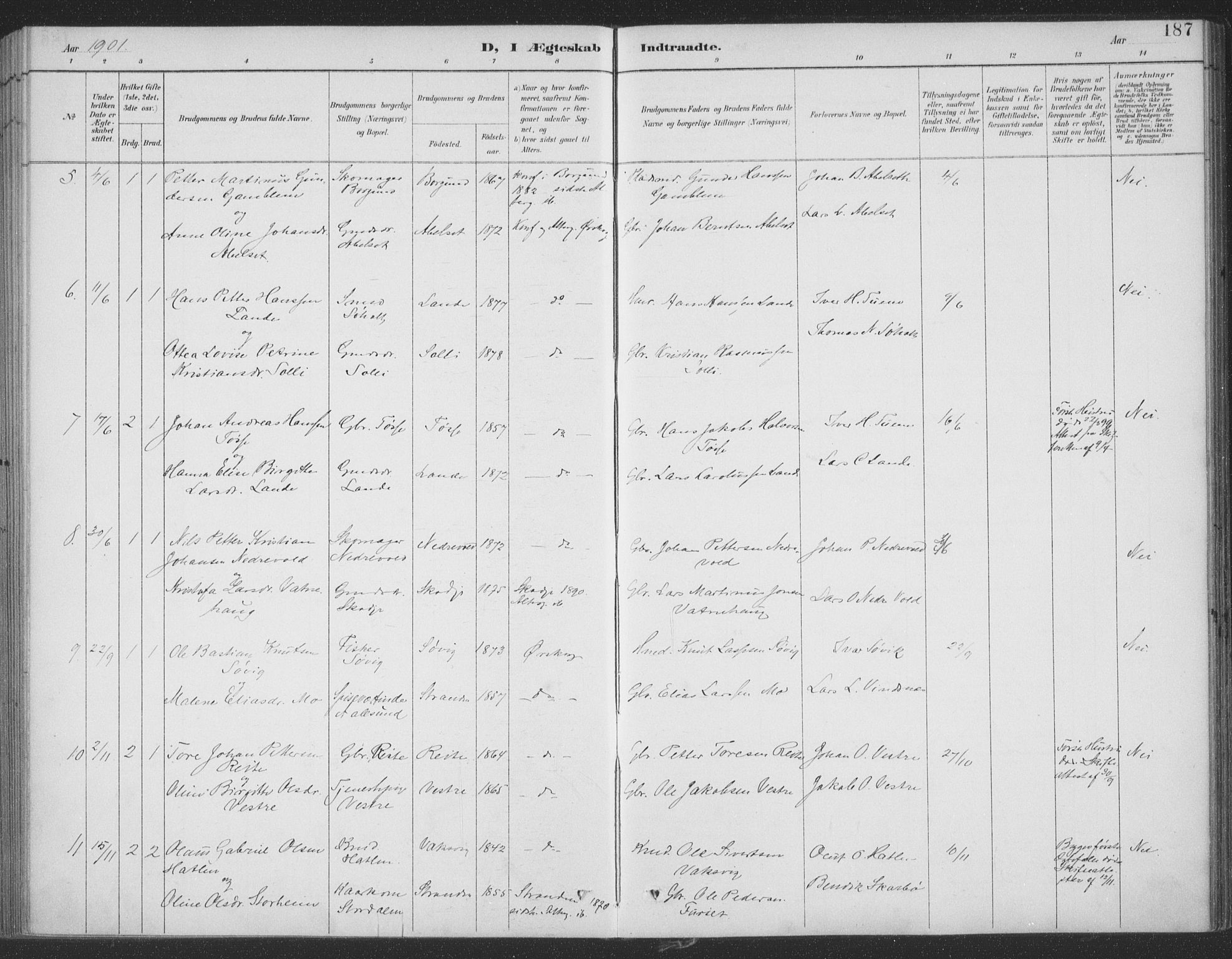 Ministerialprotokoller, klokkerbøker og fødselsregistre - Møre og Romsdal, AV/SAT-A-1454/522/L0316: Parish register (official) no. 522A11, 1890-1911, p. 187