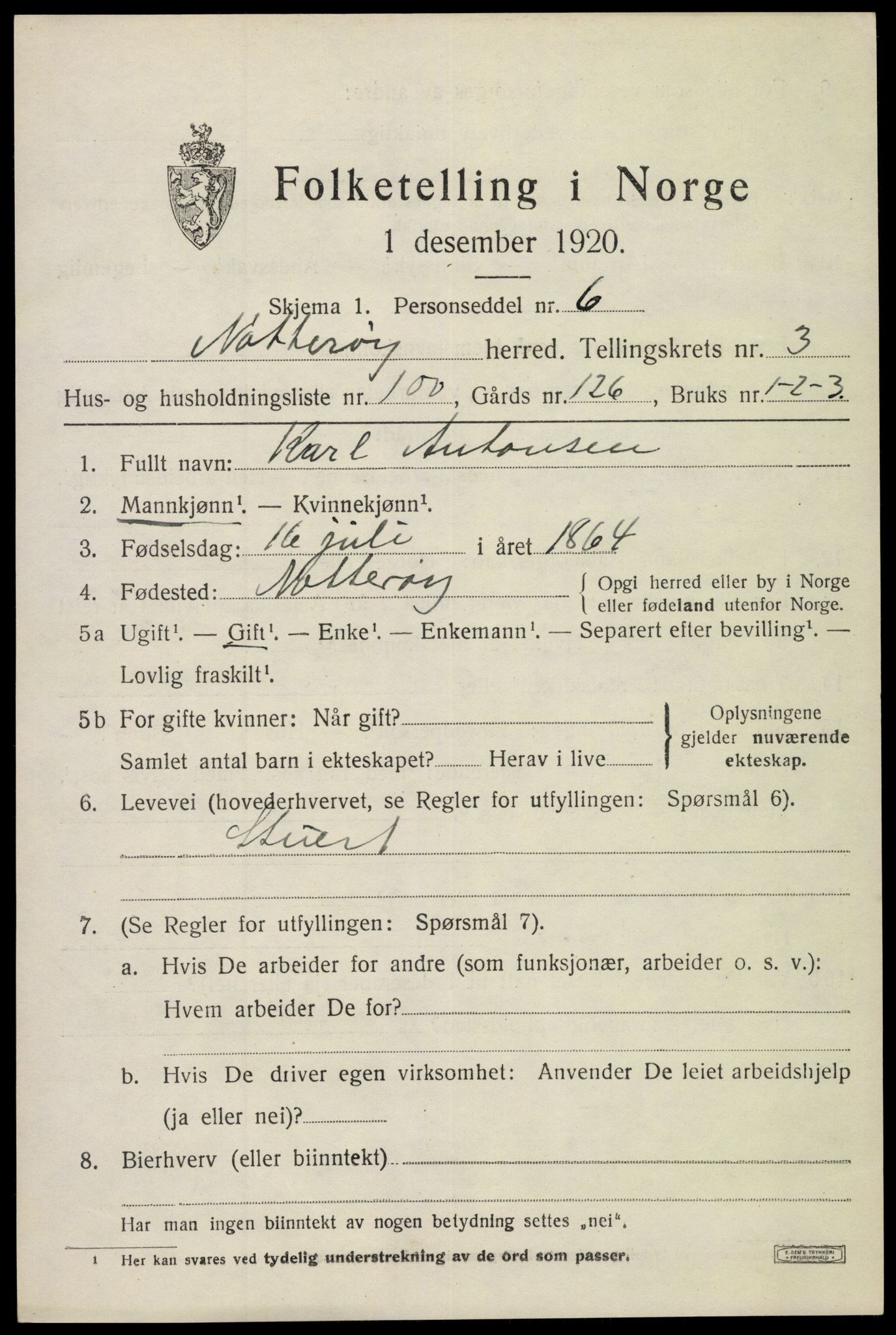 SAKO, 1920 census for Nøtterøy, 1920, p. 6647