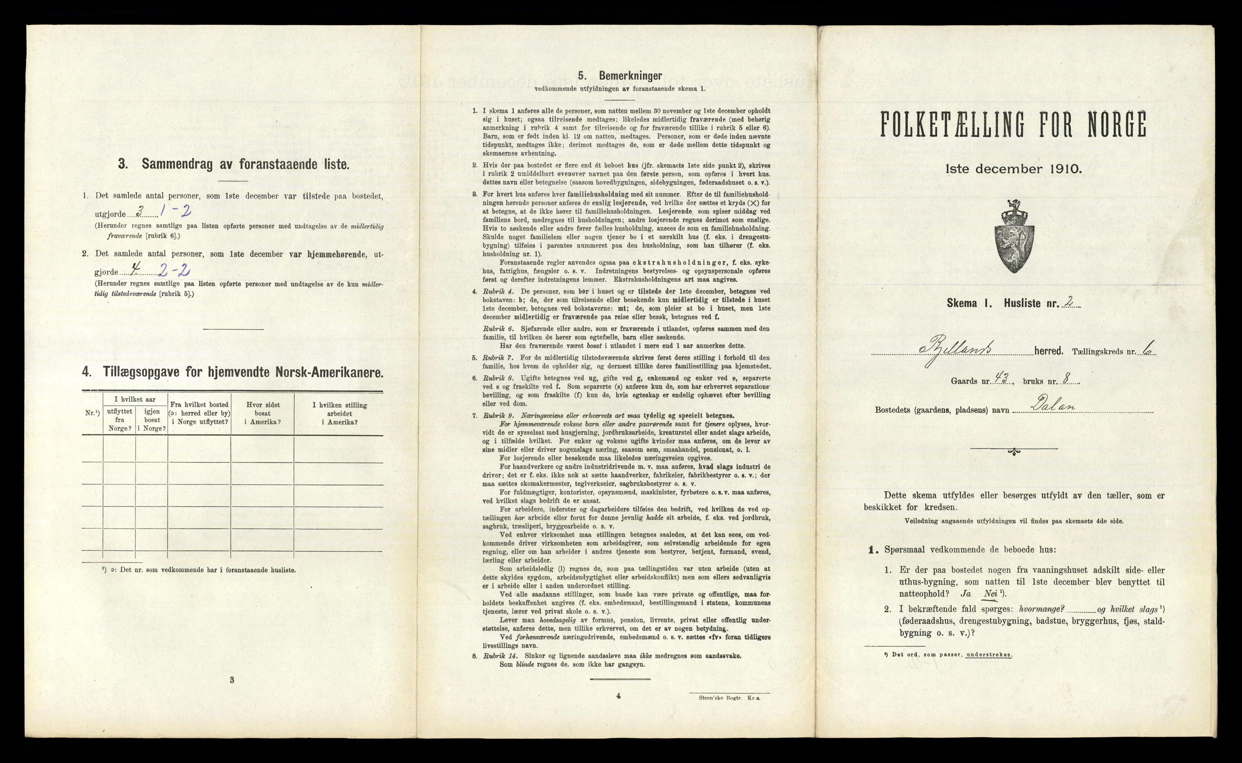 RA, 1910 census for Bjelland, 1910, p. 338