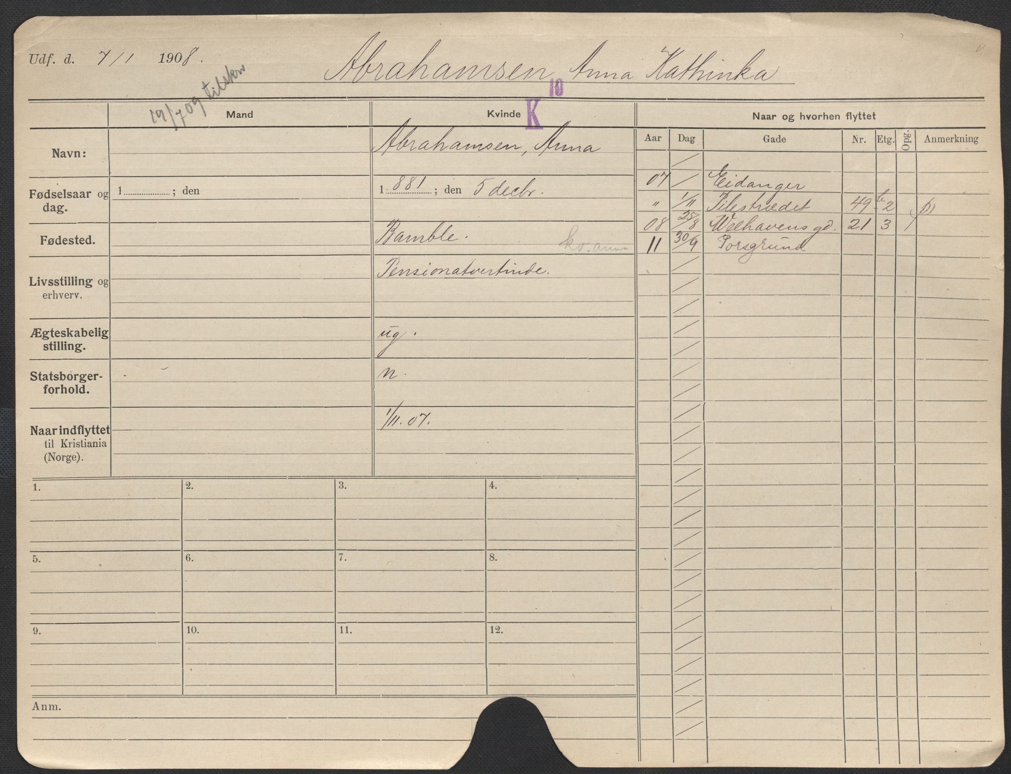Oslo folkeregister, Registerkort, AV/SAO-A-11715/F/Fa/Fac/L0012: Kvinner, 1906-1914, p. 7a