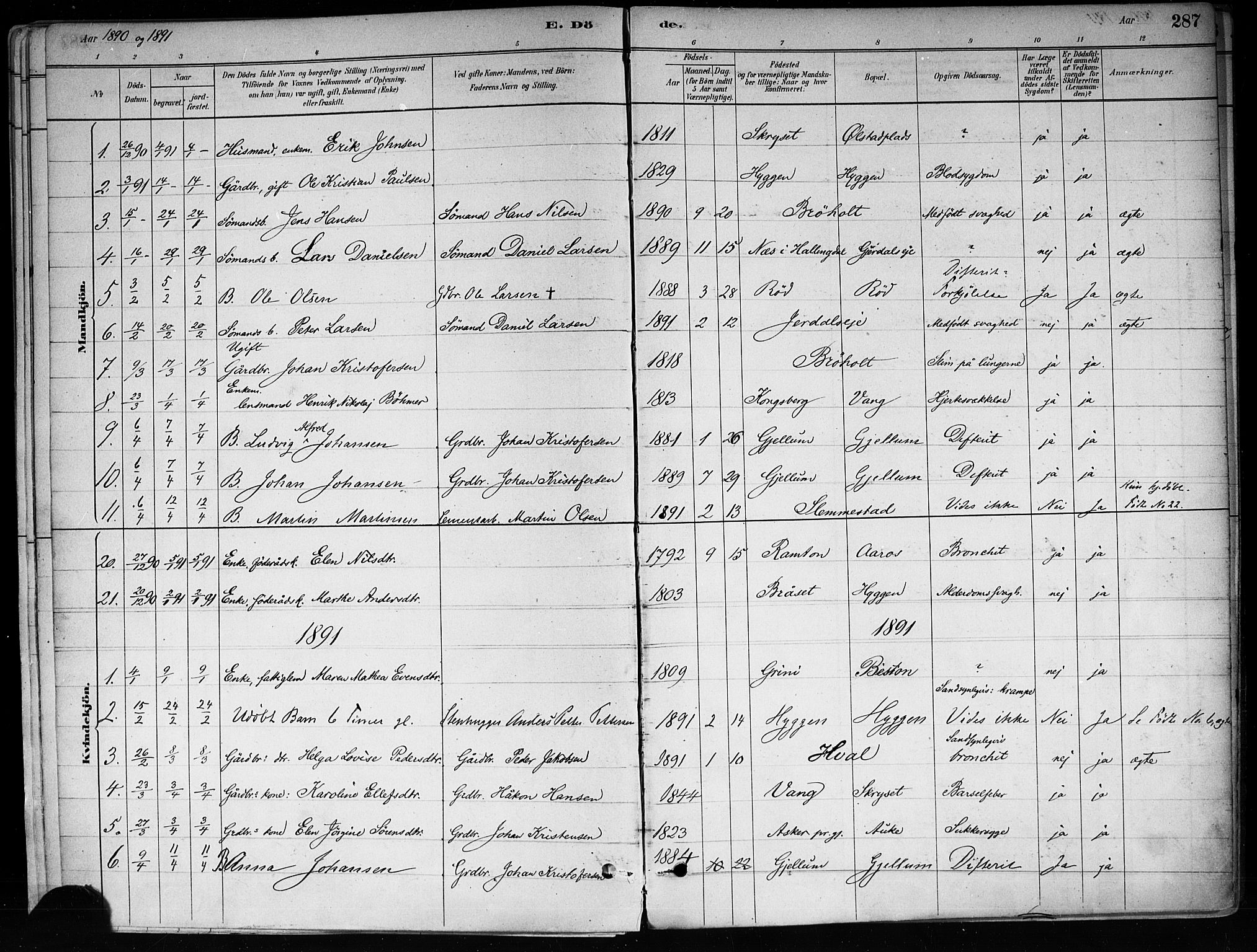 Røyken kirkebøker, SAKO/A-241/F/Fa/L0008: Parish register (official) no. 8, 1880-1897, p. 287