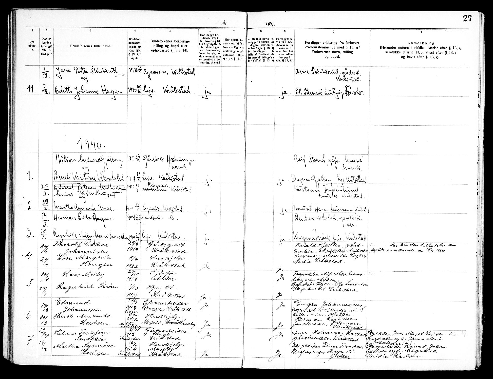 Kråkstad prestekontor Kirkebøker, AV/SAO-A-10125a/H/Ha/L0001: Banns register no. I 1, 1919-1969, p. 27
