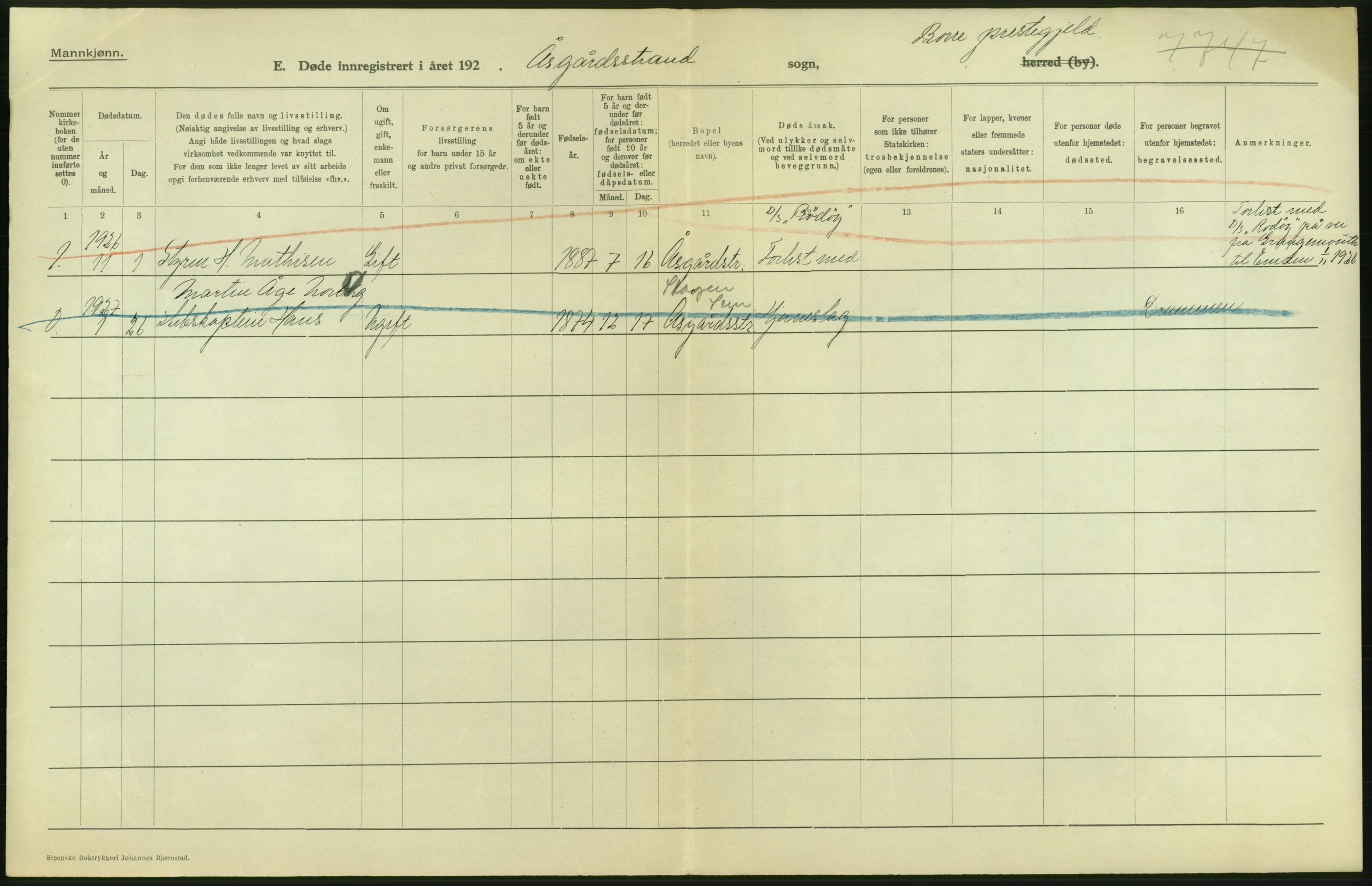 Statistisk sentralbyrå, Sosiodemografiske emner, Befolkning, RA/S-2228/D/Df/Dfc/Dfcg/L0018: Vestfold fylke: Gifte, døde. Bygder og byer., 1927, p. 220