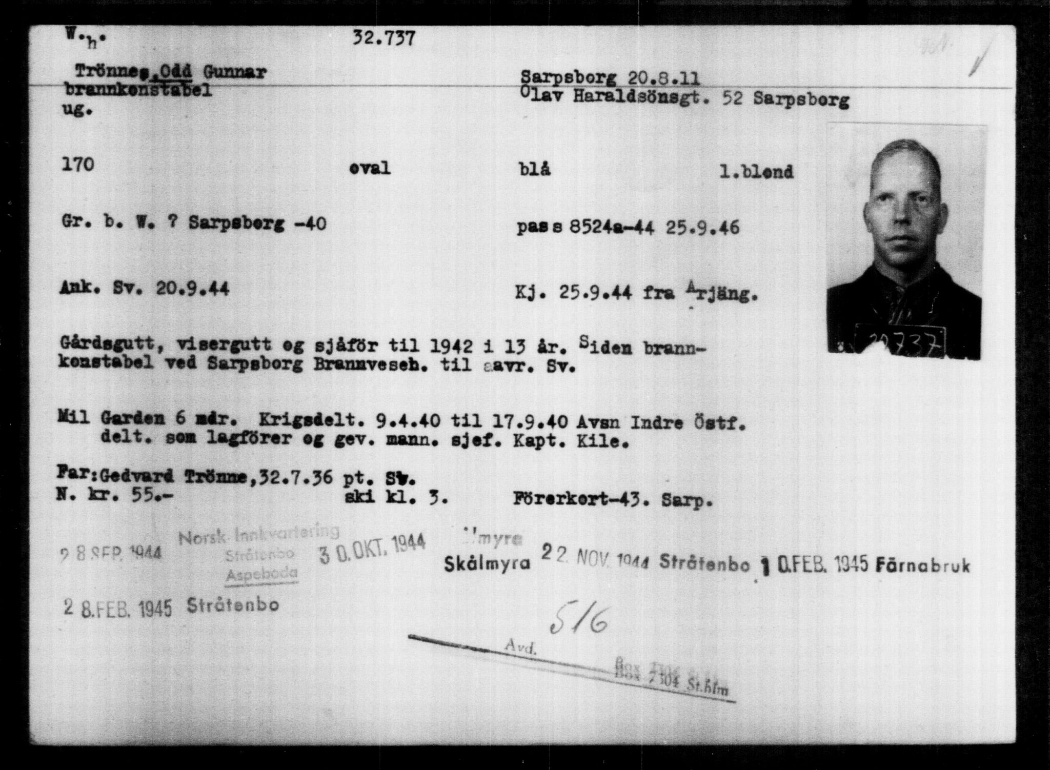 Utenriksstasjonene, Legasjonen i Stockholm, Flyktningkontoret, AV/RA-S-6753/V/Va/L0013: Kjesäterkartoteket, flyktninger med registreringsnr. 31500-34731, 1940-1945, p. 1300