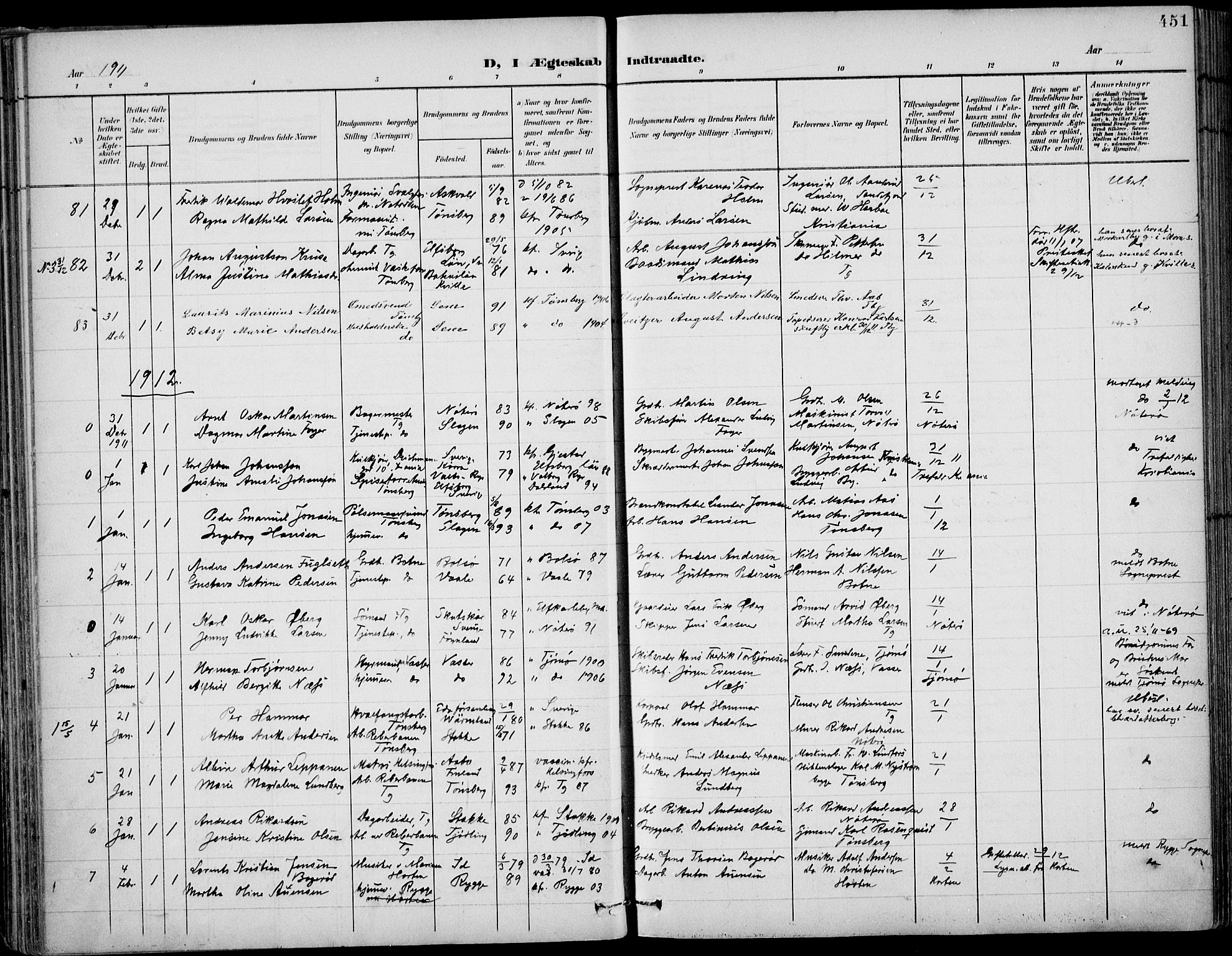 Tønsberg kirkebøker, AV/SAKO-A-330/F/Fa/L0013: Parish register (official) no. I 13, 1900-1913, p. 451