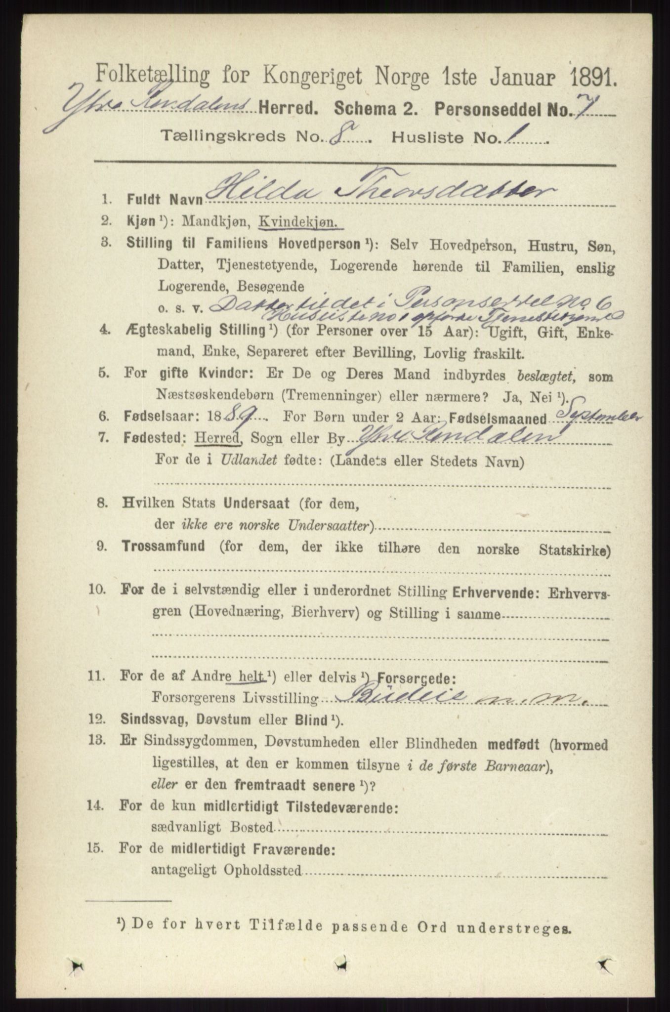 RA, 1891 census for 0432 Ytre Rendal, 1891, p. 2100