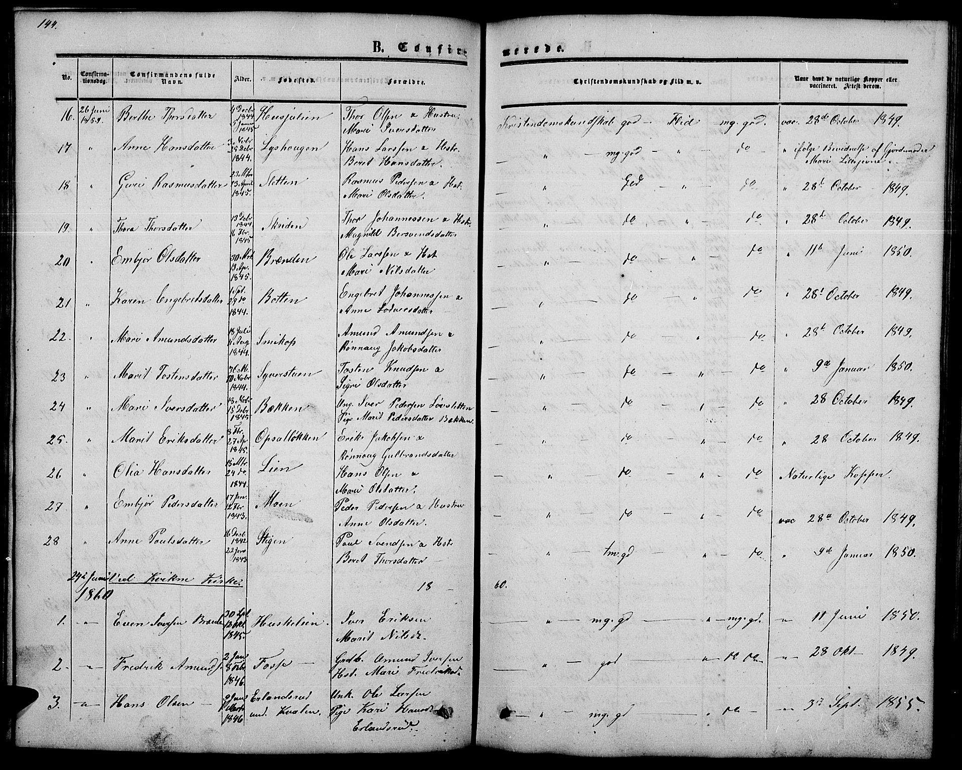 Nord-Fron prestekontor, SAH/PREST-080/H/Ha/Hab/L0002: Parish register (copy) no. 2, 1851-1883, p. 144