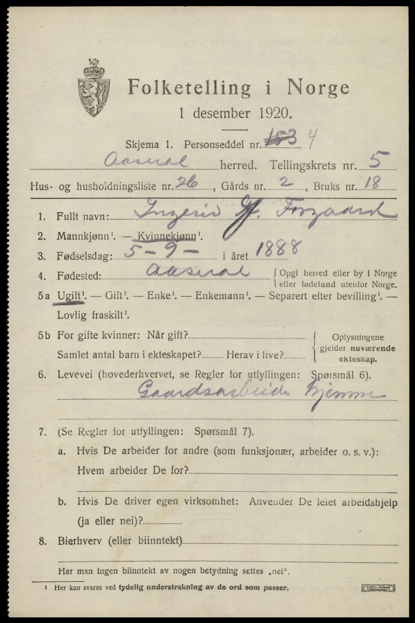 SAK, 1920 census for Åseral, 1920, p. 1768