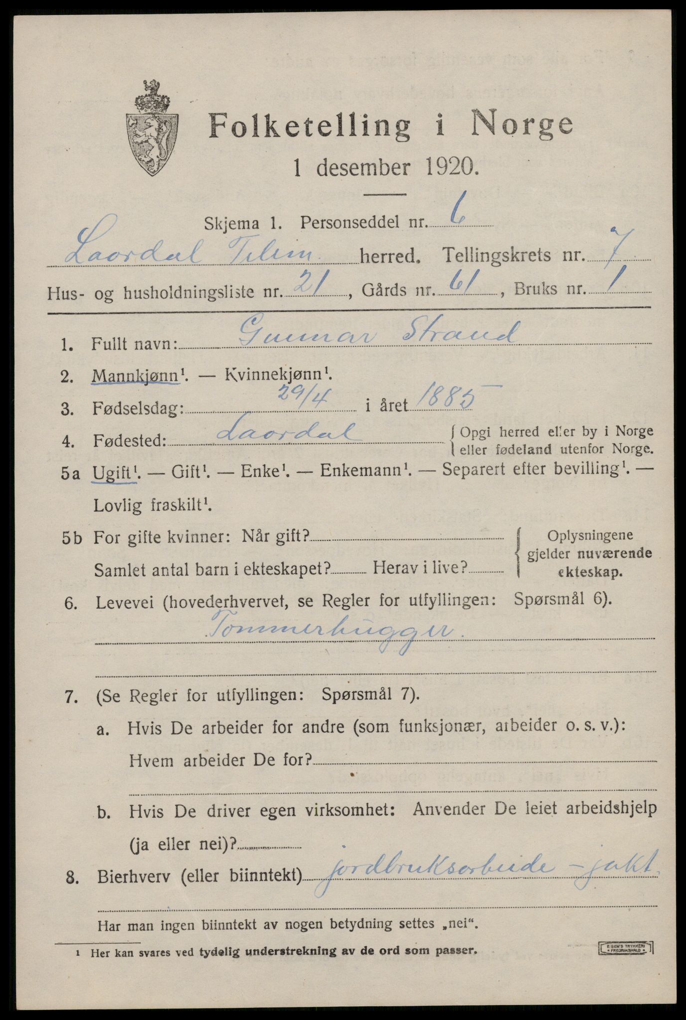 SAKO, 1920 census for Lårdal, 1920, p. 2901