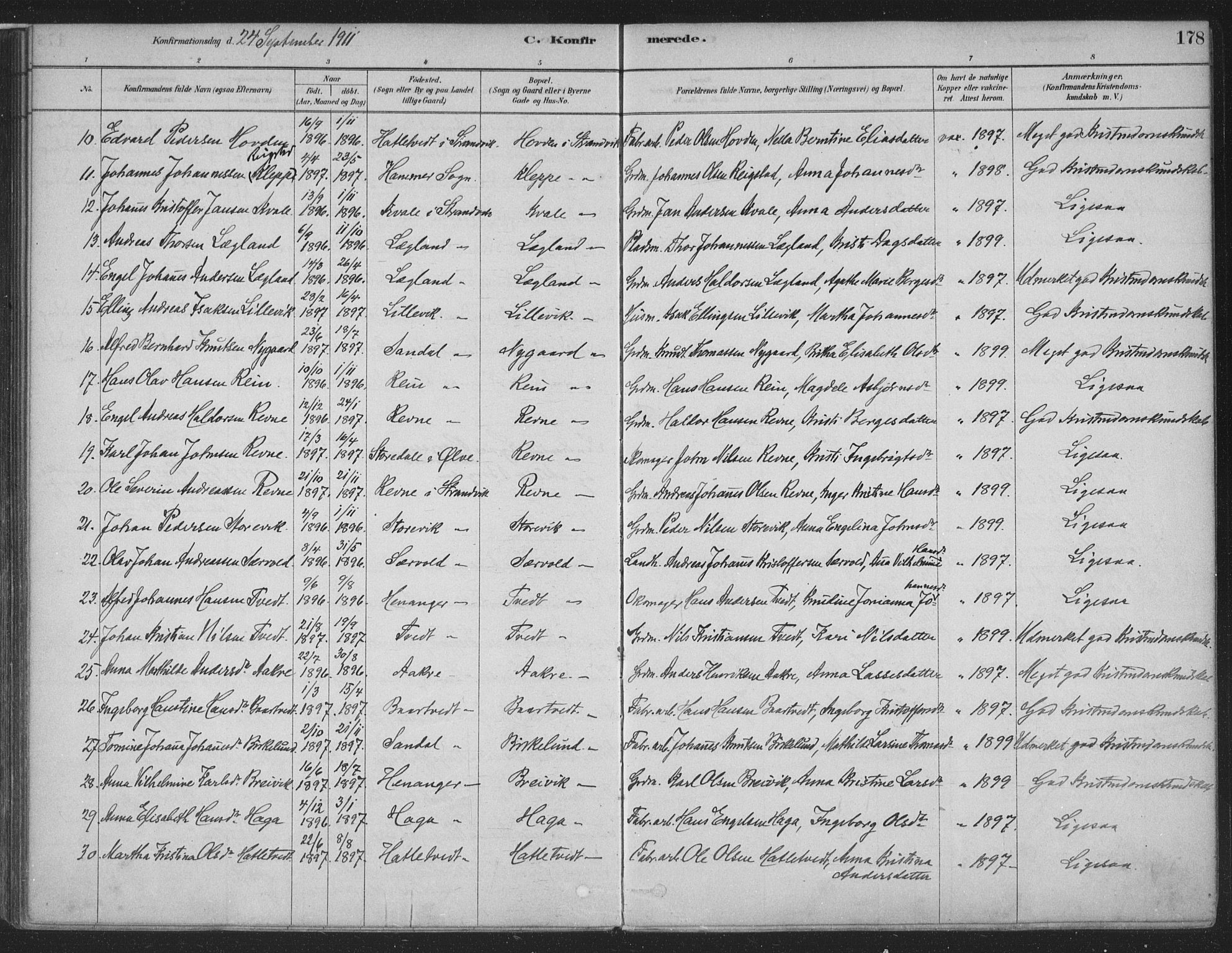 Fusa sokneprestembete, AV/SAB-A-75401/H/Haa: Parish register (official) no. D 1, 1880-1938, p. 178