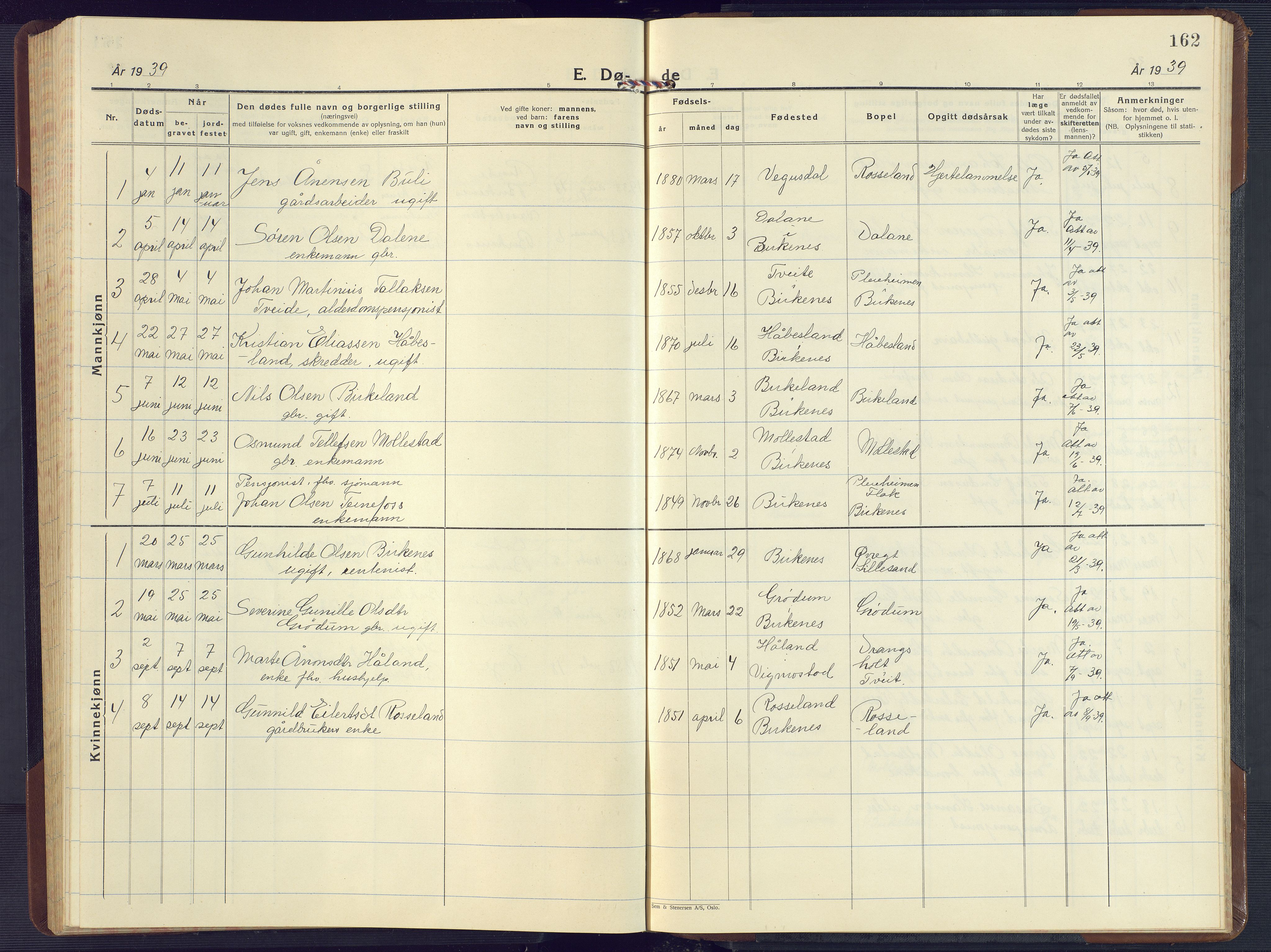 Birkenes sokneprestkontor, SAK/1111-0004/F/Fb/L0005: Parish register (copy) no. B 5, 1930-1957, p. 162