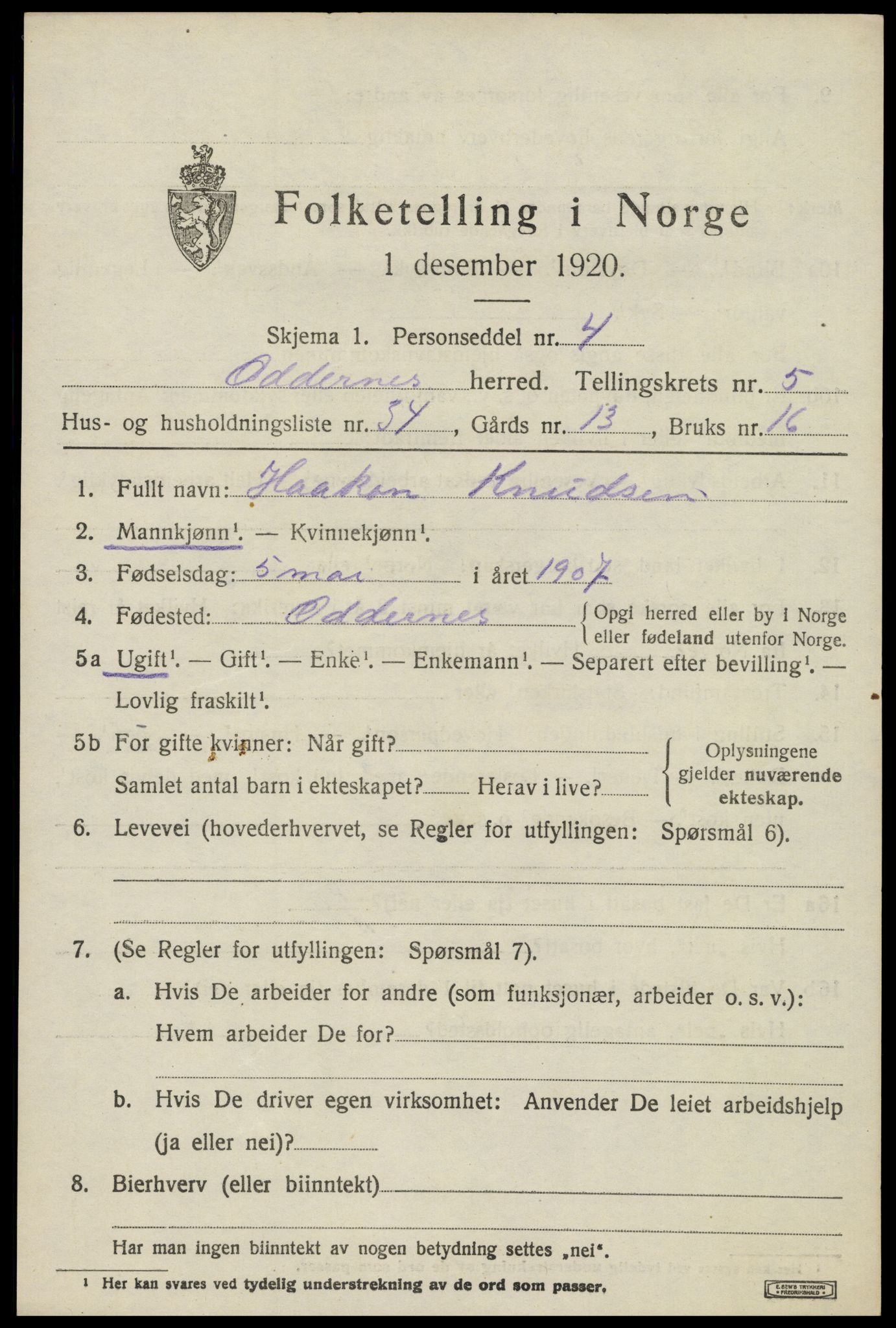 SAK, 1920 census for Oddernes, 1920, p. 4669