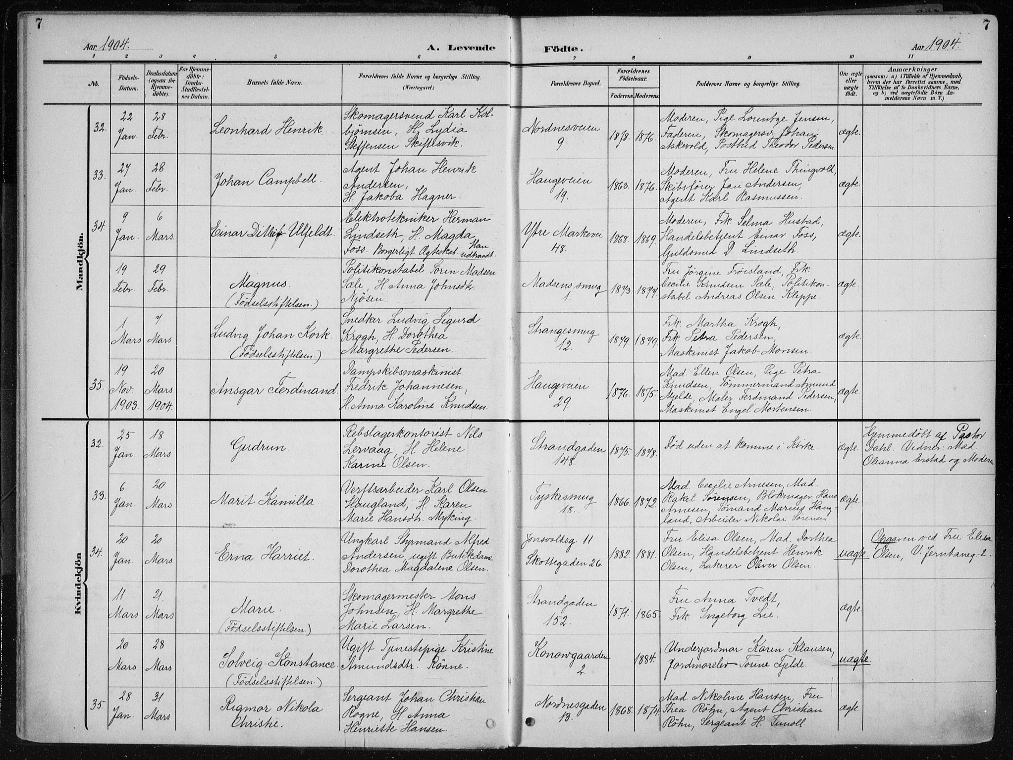 Nykirken Sokneprestembete, AV/SAB-A-77101/H/Haa/L0019: Parish register (official) no. B 7, 1904-1916, p. 7